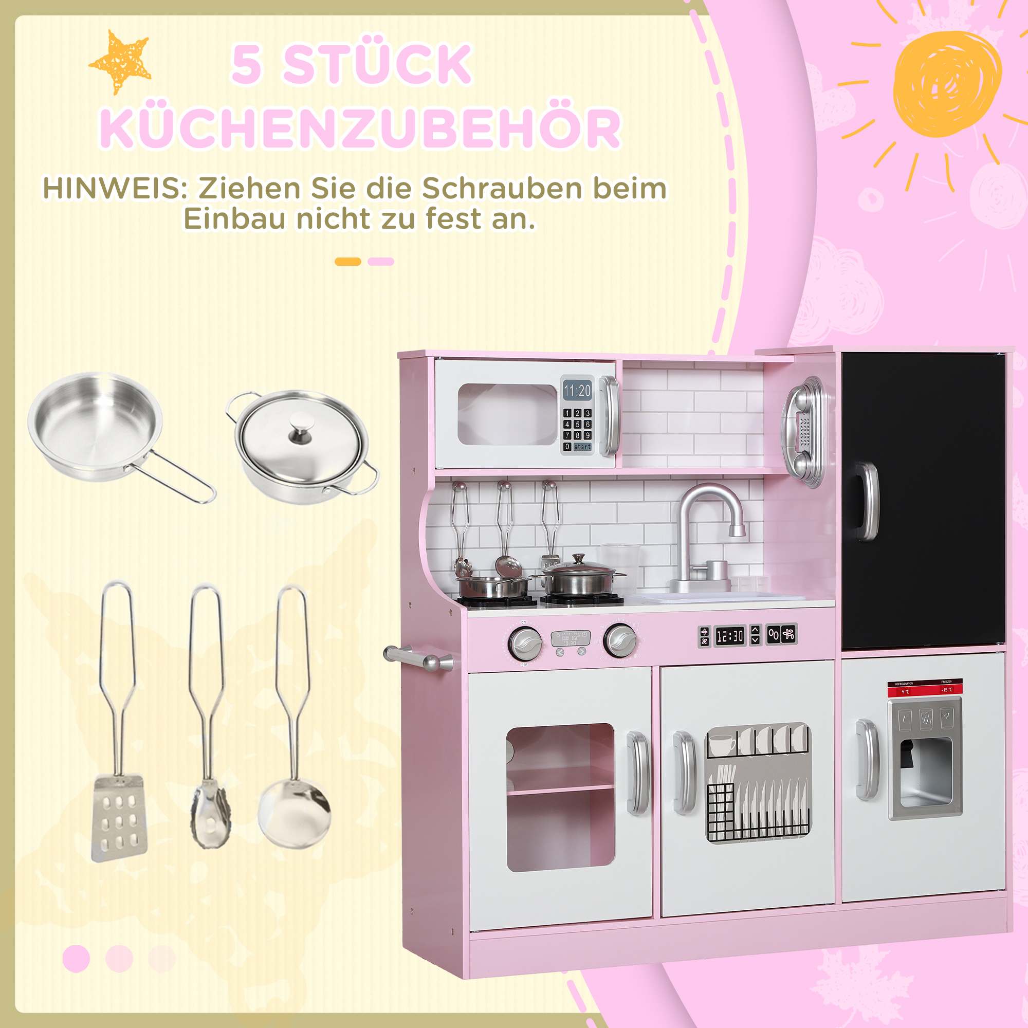 Spielküchen-Set mit Töpfen, Tafel, Telefon, Eismaschine, Herd, 83,8 x 26,8 x 81 cm, Pink