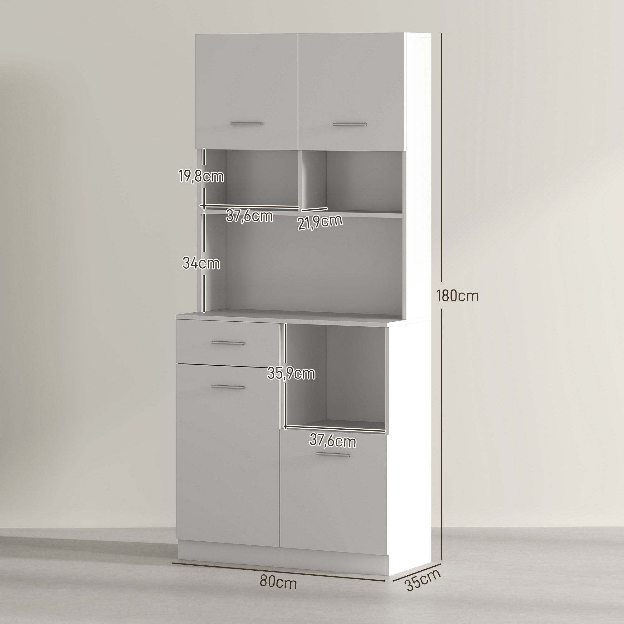 Küchenschrank, Buffet mit Schublade, Soft-Close Türen, 80 x 35 x 180 cm, Weiß