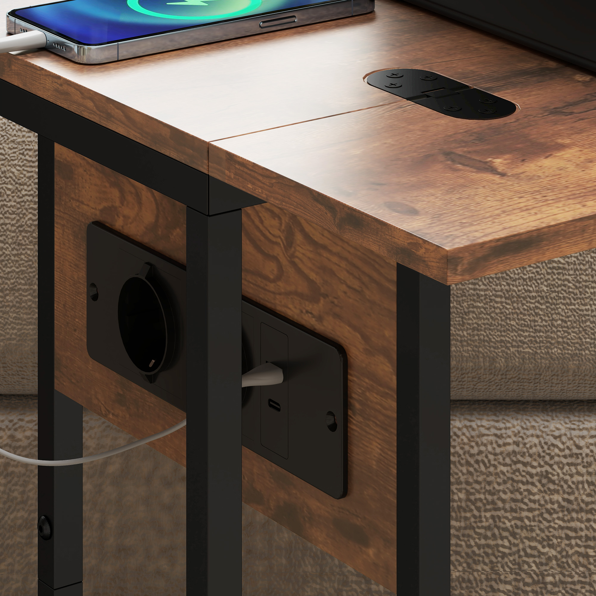 Klappbarer Beistelltisch, Ladestation mit USB-Ports, Metall, 39 x 29 x 57 cm, Braun