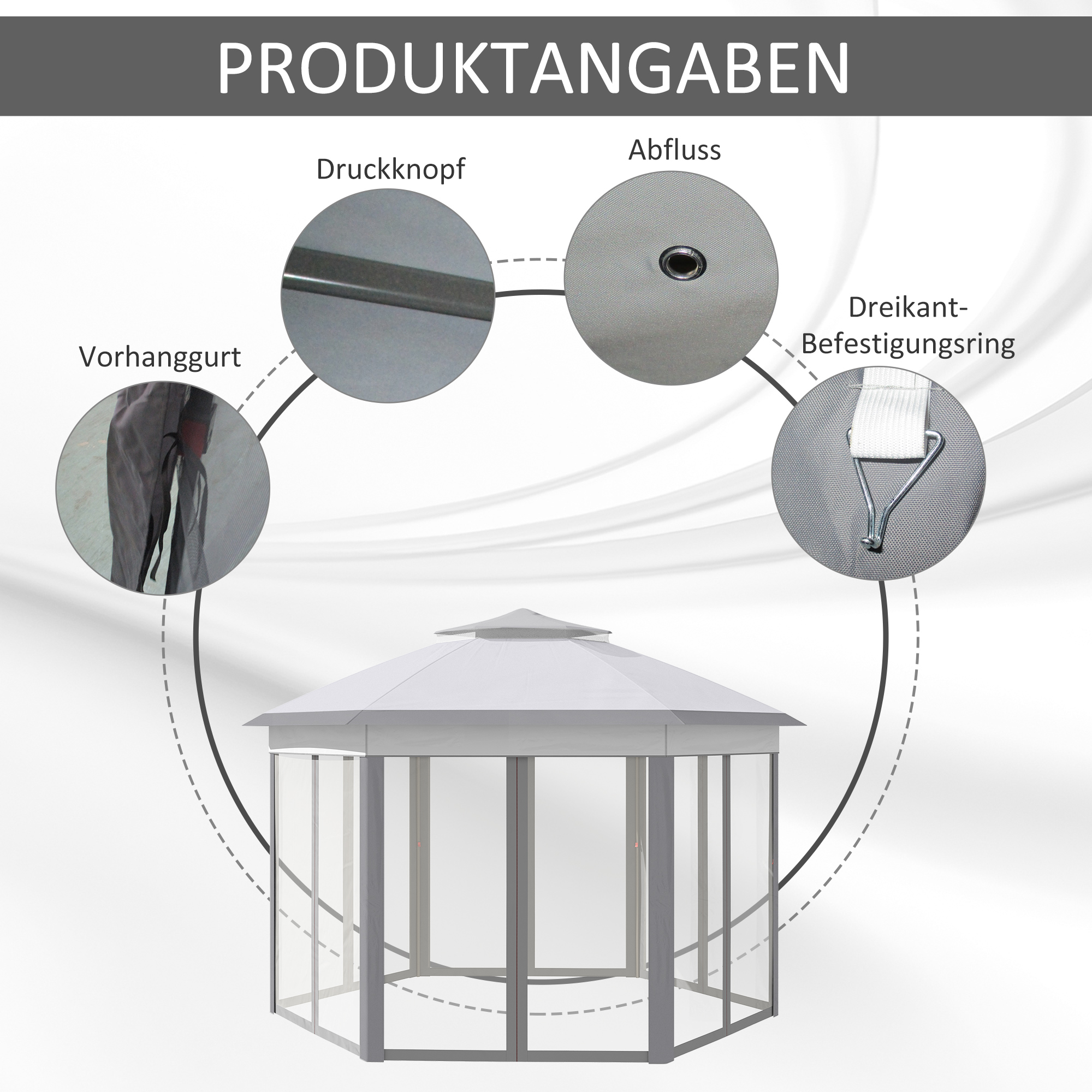 Faltpavillon 4 x 4m, Sechseck-Design, Netzvorhänge, wasserabweisend, Lüftungsdach, Grau+Weiß