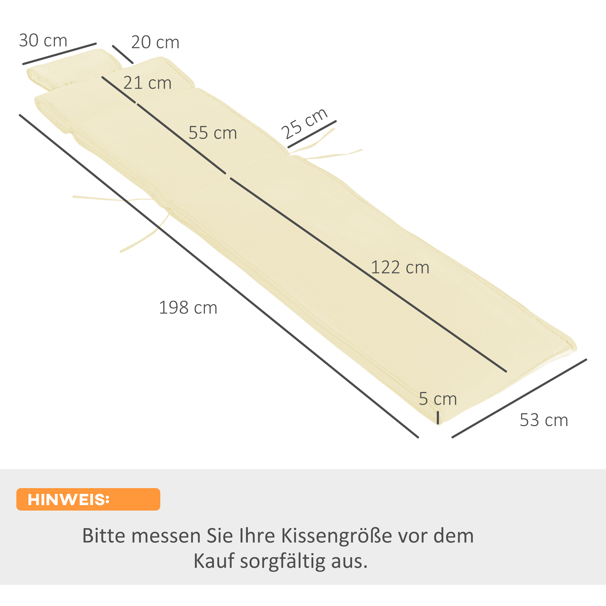 Liegenauflage Liegenpolster Gartenliege mit Kopfkissen abnehmbar Bezug Cremeweiß 198 x 53 x 5 cm NUR Kissen