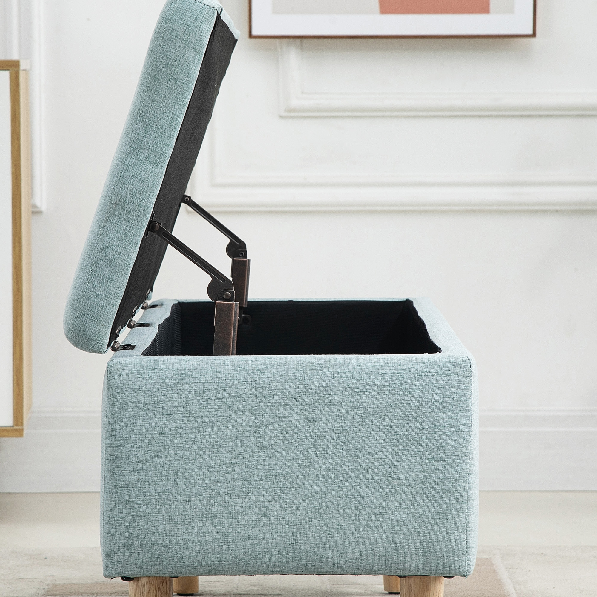 Sitzbank mit Stauraum Polsterbank mit Leinenoptik, Sitztruhe mit Holzbeine, Truhenbank für Wohnzimmer Schlafzimmer Flur 110 x 39 x 45 cm, Hellgrün