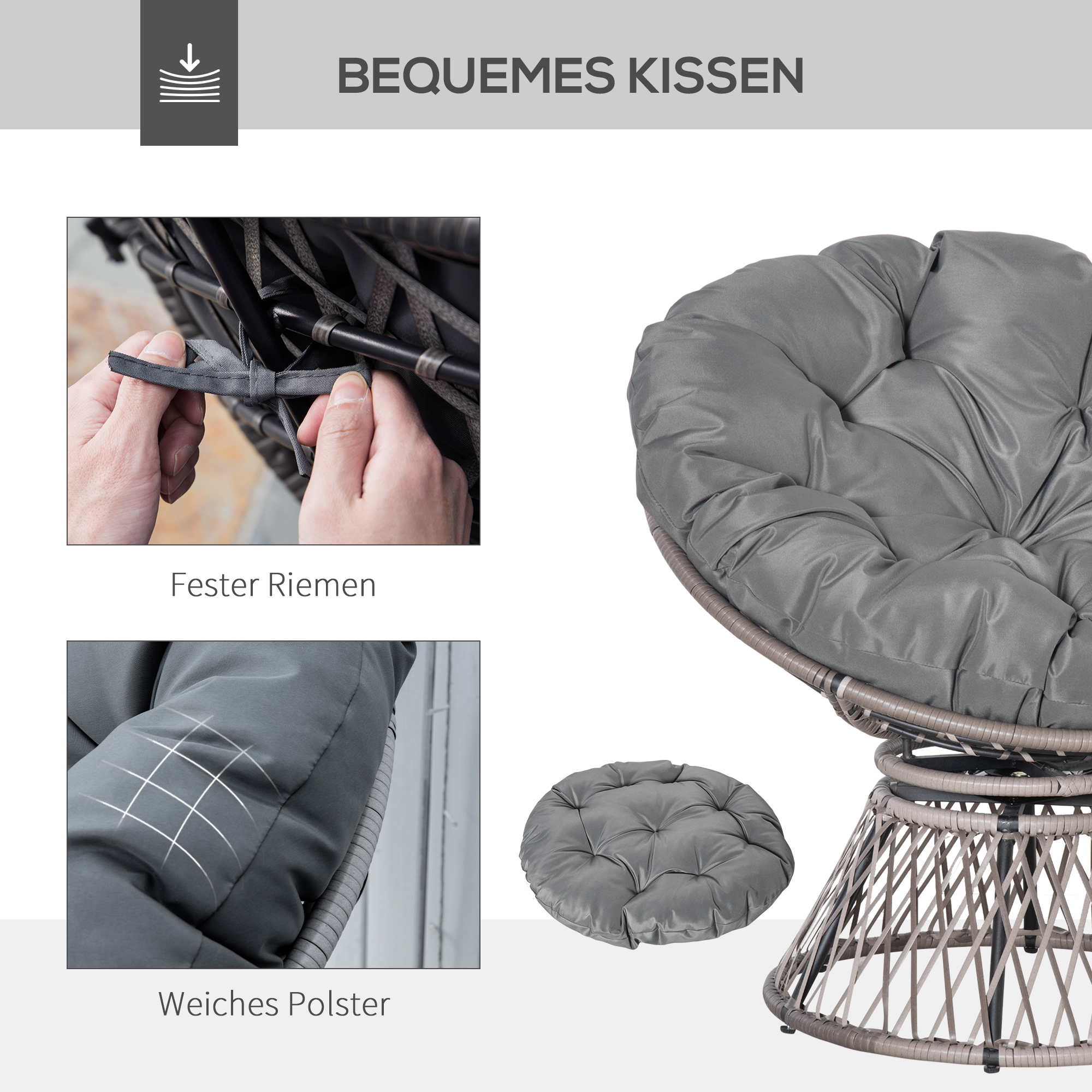 Papasansessel Korbsessel Sessel mit Polster 360 Grad Rattan Grau B87 x T97 x H86 cm