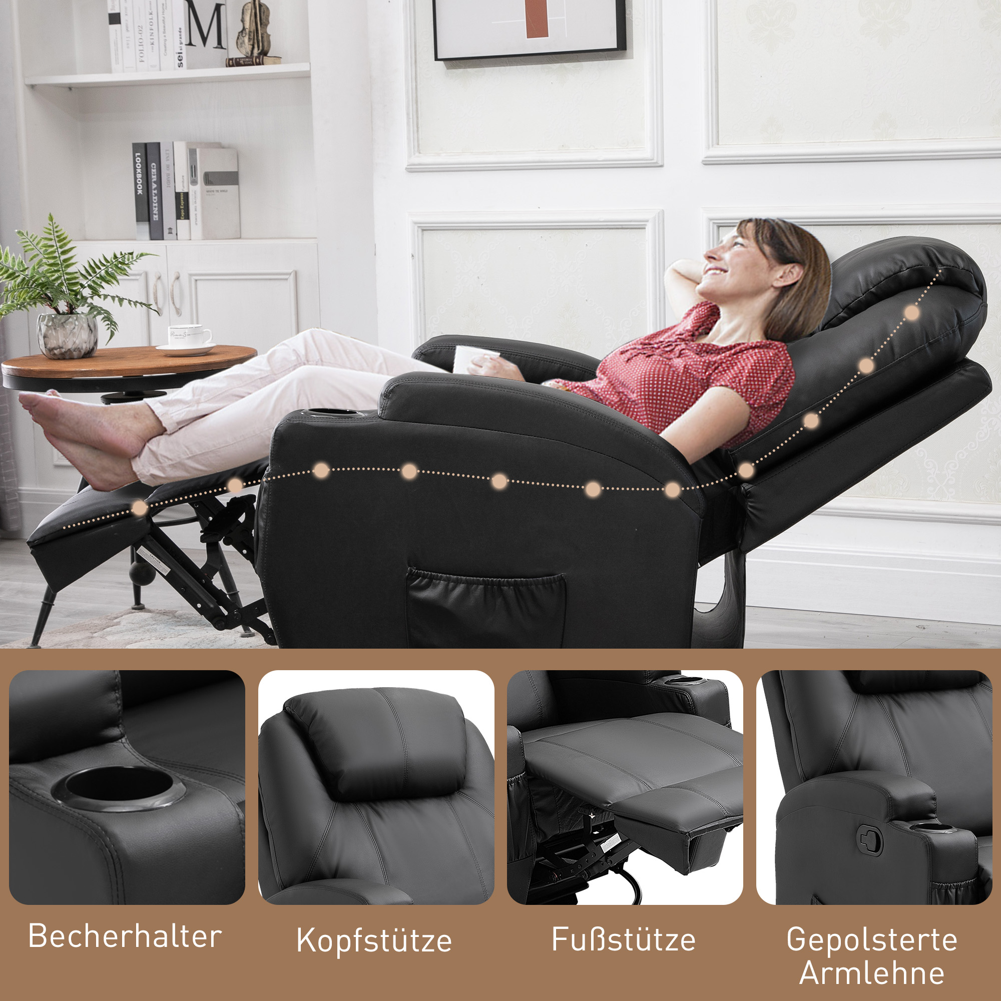 Massagesessel Elektrisch Relaxsessel Fernsehsessel Massagefunktion 5 Massage-Modi Liegefunktion Kunstleder Holz Metall Schaumstoff Schwarz 84 x 92 x 109 cm