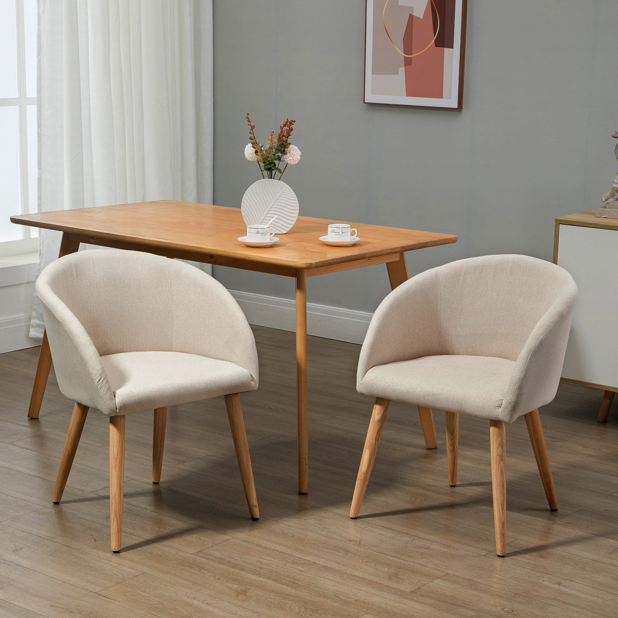 2er-Set gepolsterte Stühle, skandinavisches Design, Polsterstühle mit Holzbeinen, rutschfeste Pads, 150 kg Belastbarkeit, Beige