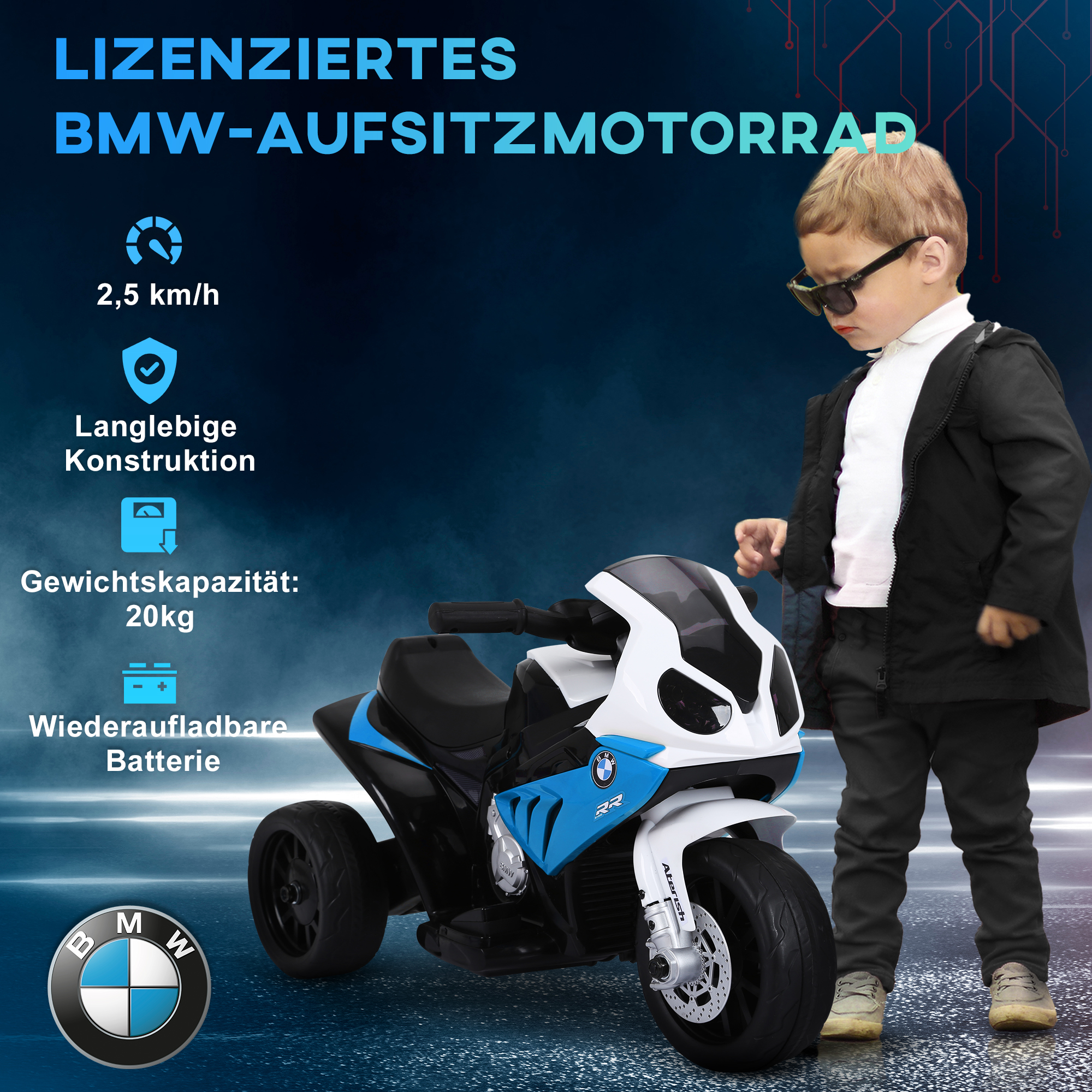 Elektro Motorrad Kinder BMW S1000RR 6V Elektromotorrad mit Scheinwerfer Musik 2,5 km/h für Kinder 18-36 Monaten Blau