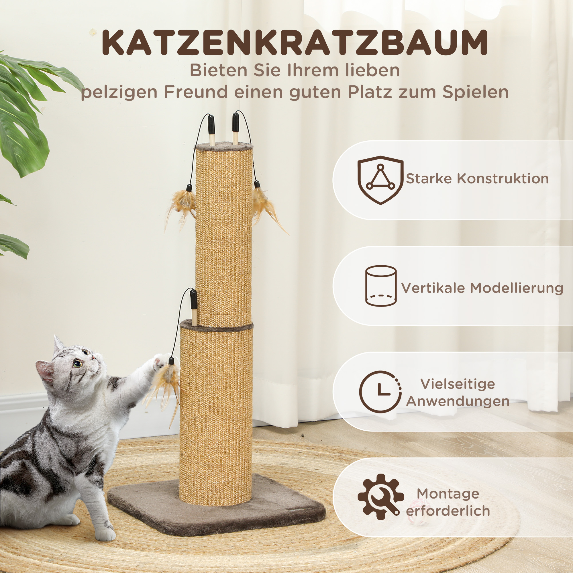 78 cm 2-in-1 Katzenkratzpfosten mit 3 Spielzeugfedern, Braun