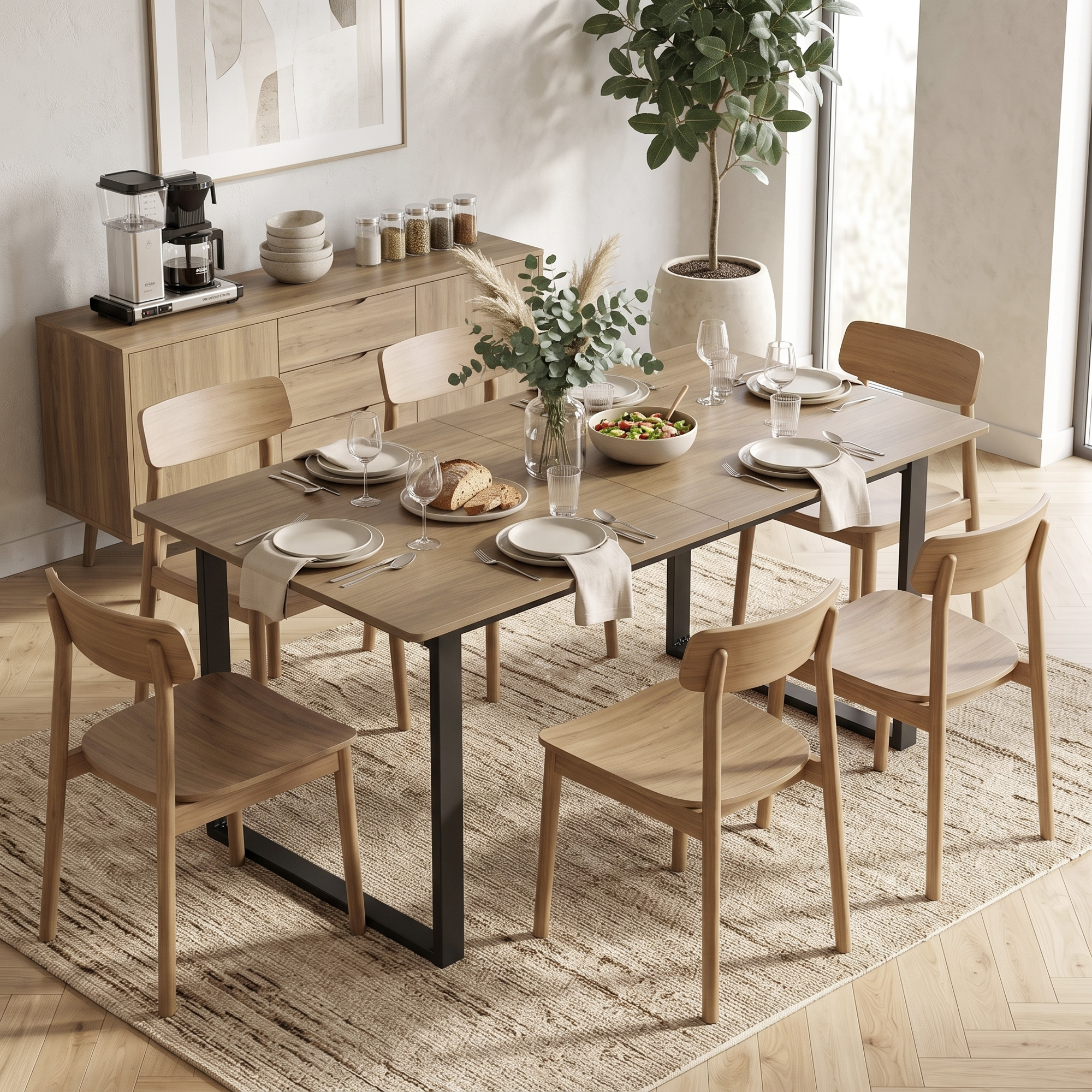 ausziehbarer Esstisch 140-180 cm für 6-8 Personen, rechteckig im Industrial-Design mit Stahlgestell, Braun