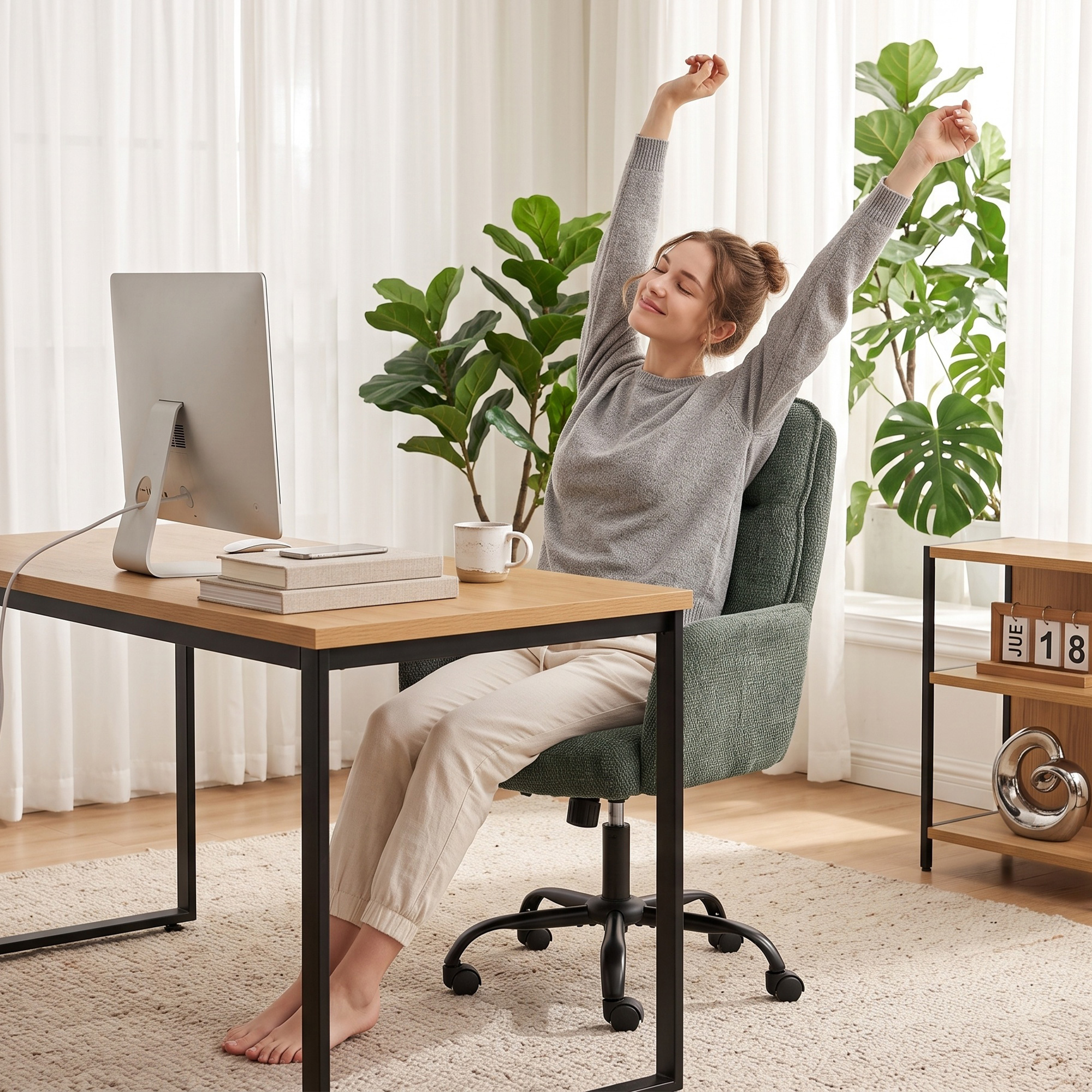 Homeoffice-Schreibtischstuhl, Computerstuhl mit breiter Sitzfläche, mittlerer Rückenlehne, Leinenoptik, Dunkelgrün