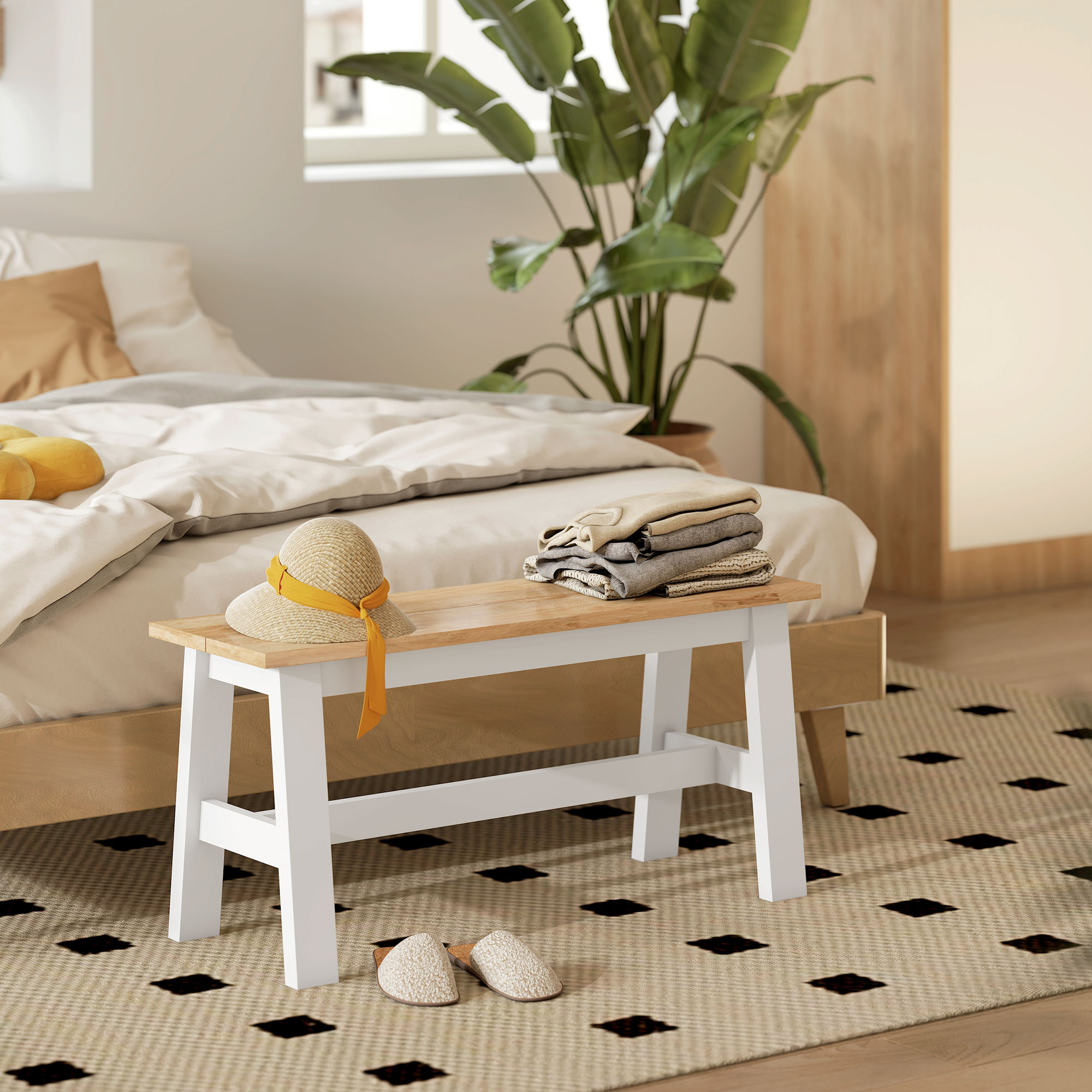 Sitzbank für 2, Holzbank in Eichenoptik, stabilisierende Querstange, für Wohnzimmer, Esszimmer, Flur, Kautschukholz, Weiß