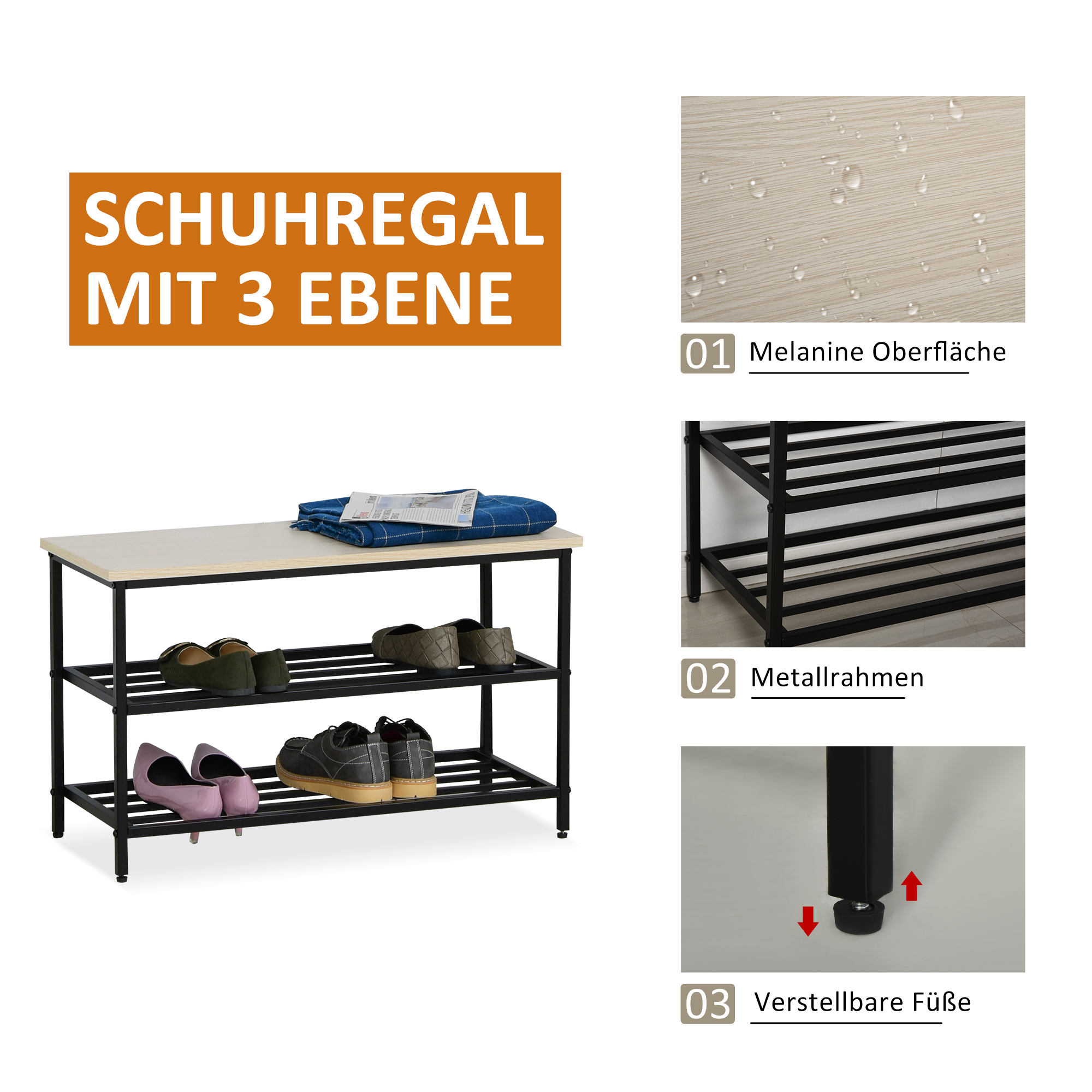 2-in-1 Garderobenset Flurgaderobe mit Sitzbank Wandgarderobe für Eingangsbereich, 6 Haken, Natur+Schwarz, 75 x 30 x 45 cm(Sitzbank)
