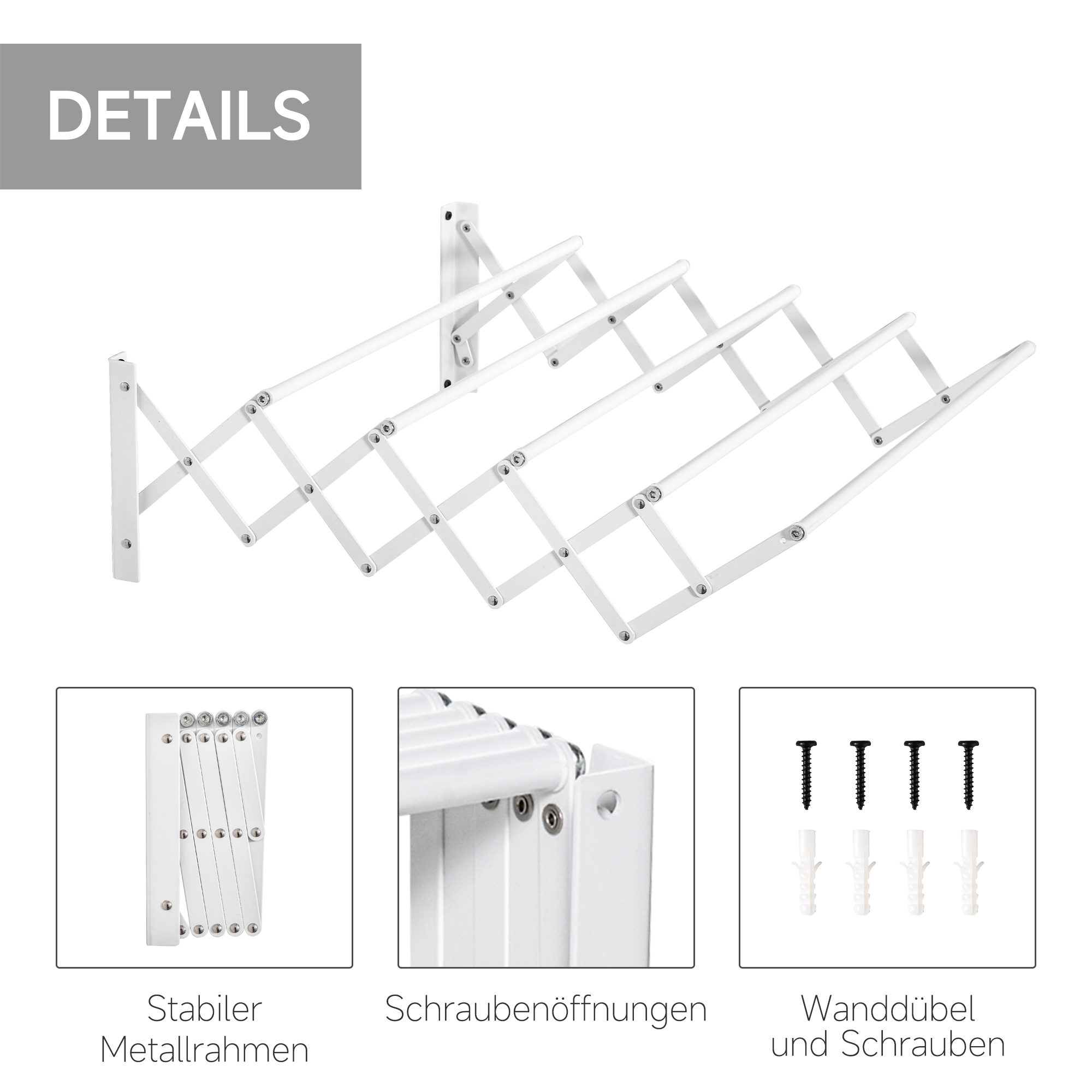 Wäscheständer für Wandmontage ausziehbar klappbar platzsparender Wäschetrockner, Wandwäschetrockner für Innen und Außen, Weiß, 63,5 x 60 x 20 cm