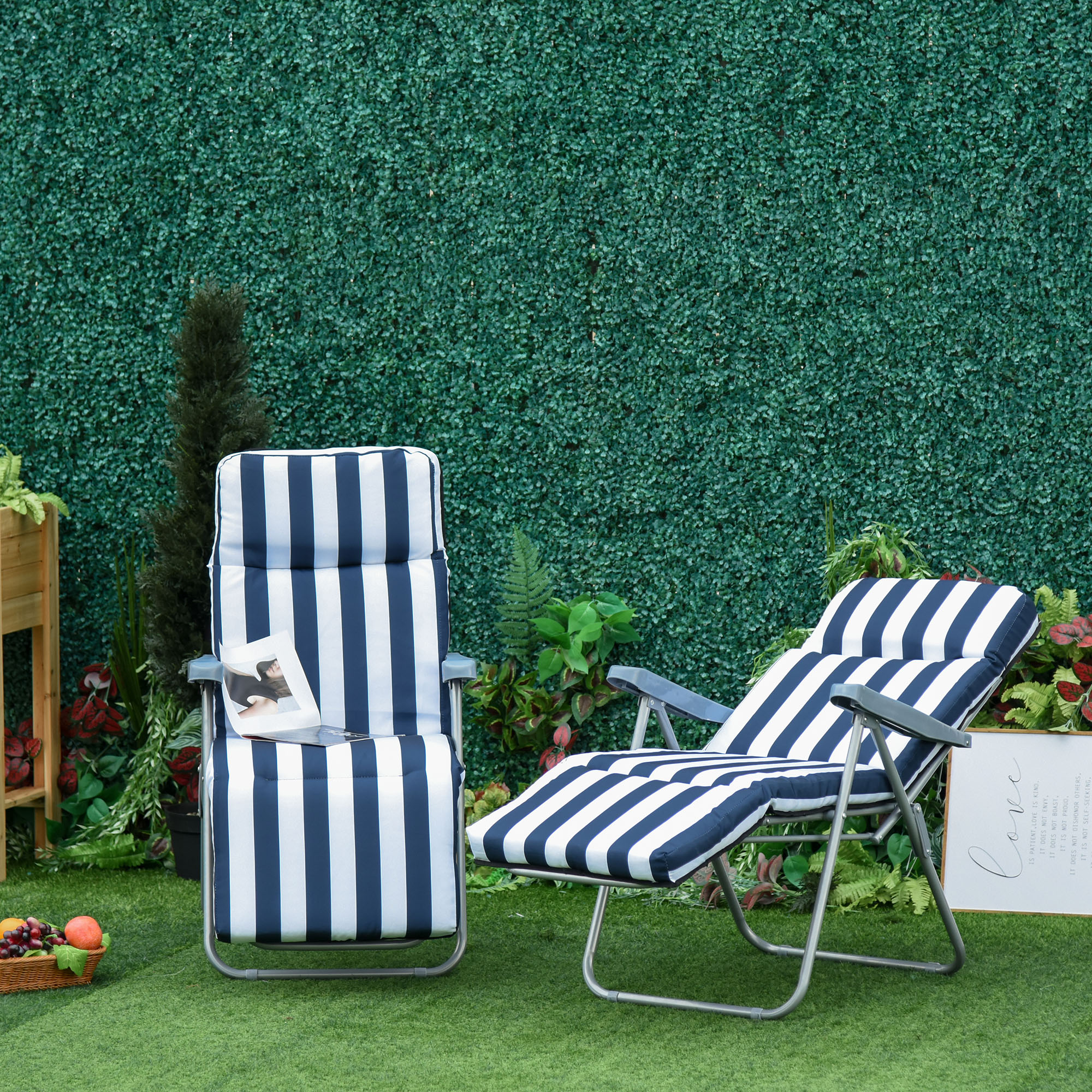 2 x Klappstühle Gartenstuhl Sonnenliege Armlehne klappbar 5 Positionen Auflage Blau 60 x 75 x 102 cm