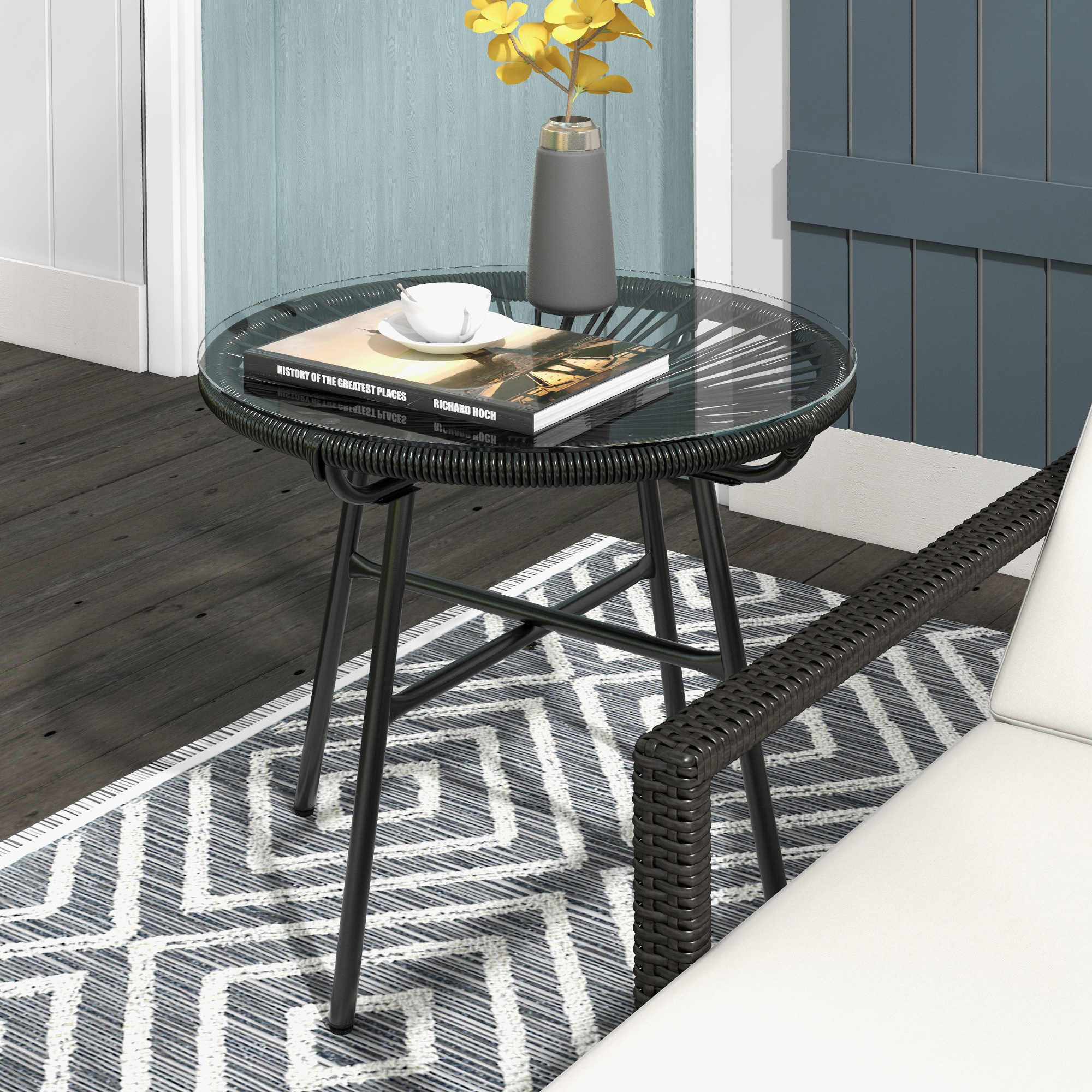 Gartentisch Boho-Stil Outdoor Beistelltisch, PE-Rattan, gehärtetes Glas, wetterbeständig, 50 cm x 50 cm x 50 cm, Schwarz