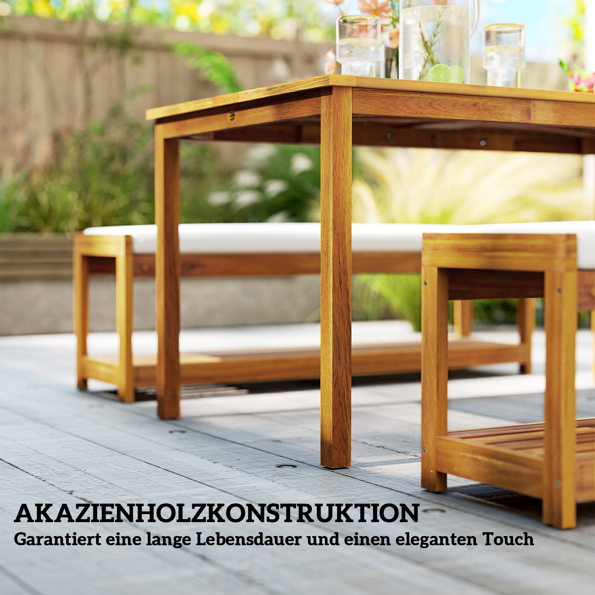 3 tlg, Gartenmöbel-Set, Sitzgarnitur inkl, 1 Esstisch mit Schirmloch, 2 Bänke 150 x 85 x 75 cm Teak