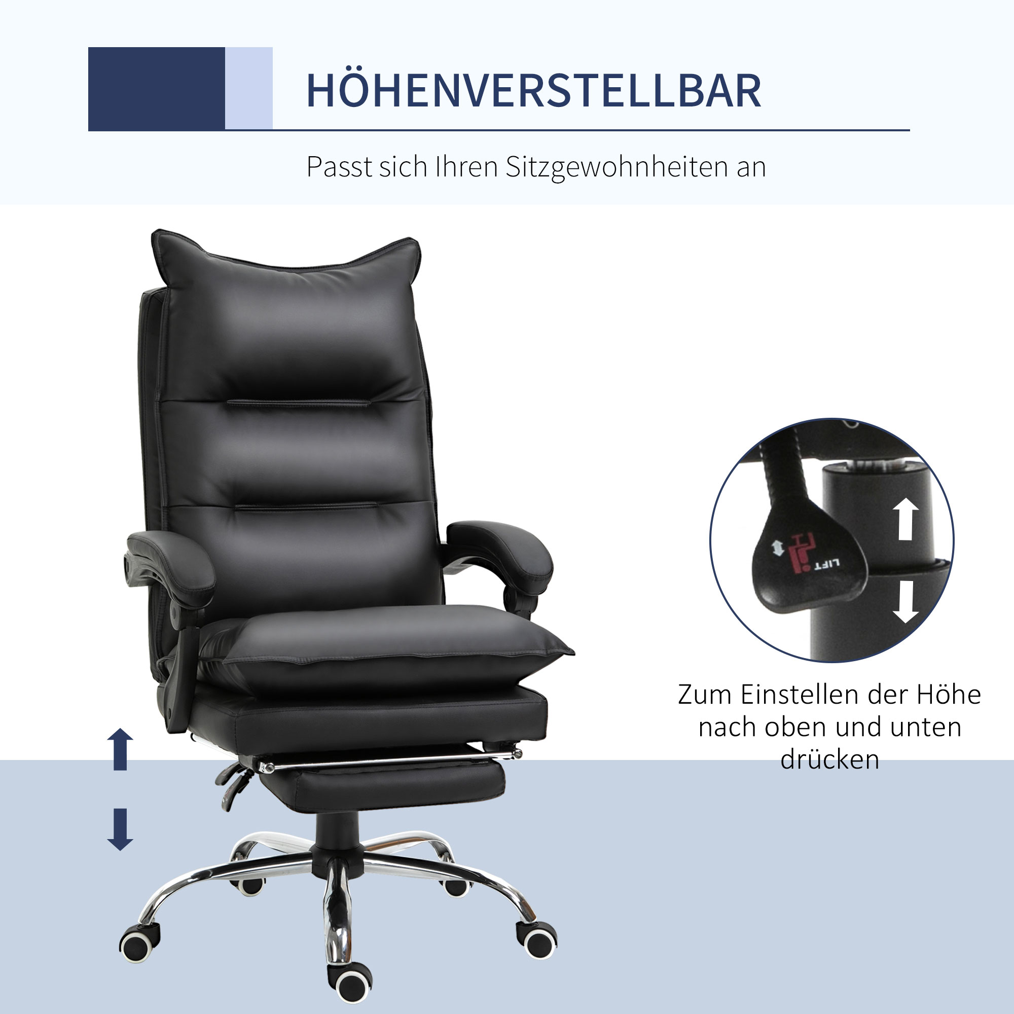 Bürostuhl Ergonomischer Schreibtischstuhl mit Armlehne, Fußstütze, Höhenverstellbarer Drehstuhl aus Kunstleder, Gepolstert Computerstuhl, Schwarz