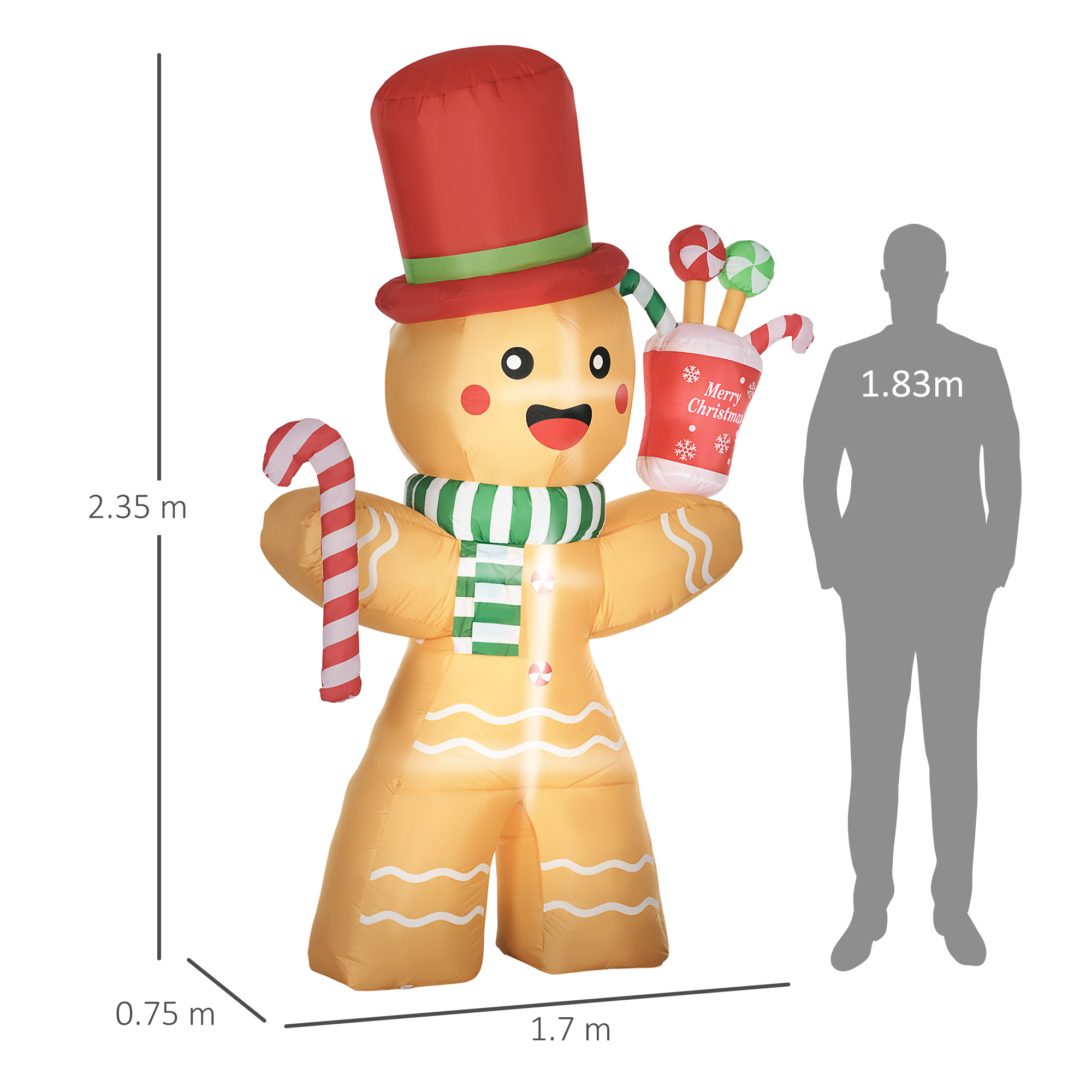 Aufblasbarer Lebkuchenmann, 2,35 m, mit LED-Lichtern, wetterfest, inkl. Gebläse, Mehrfarbig, Weihnachtsdeko
