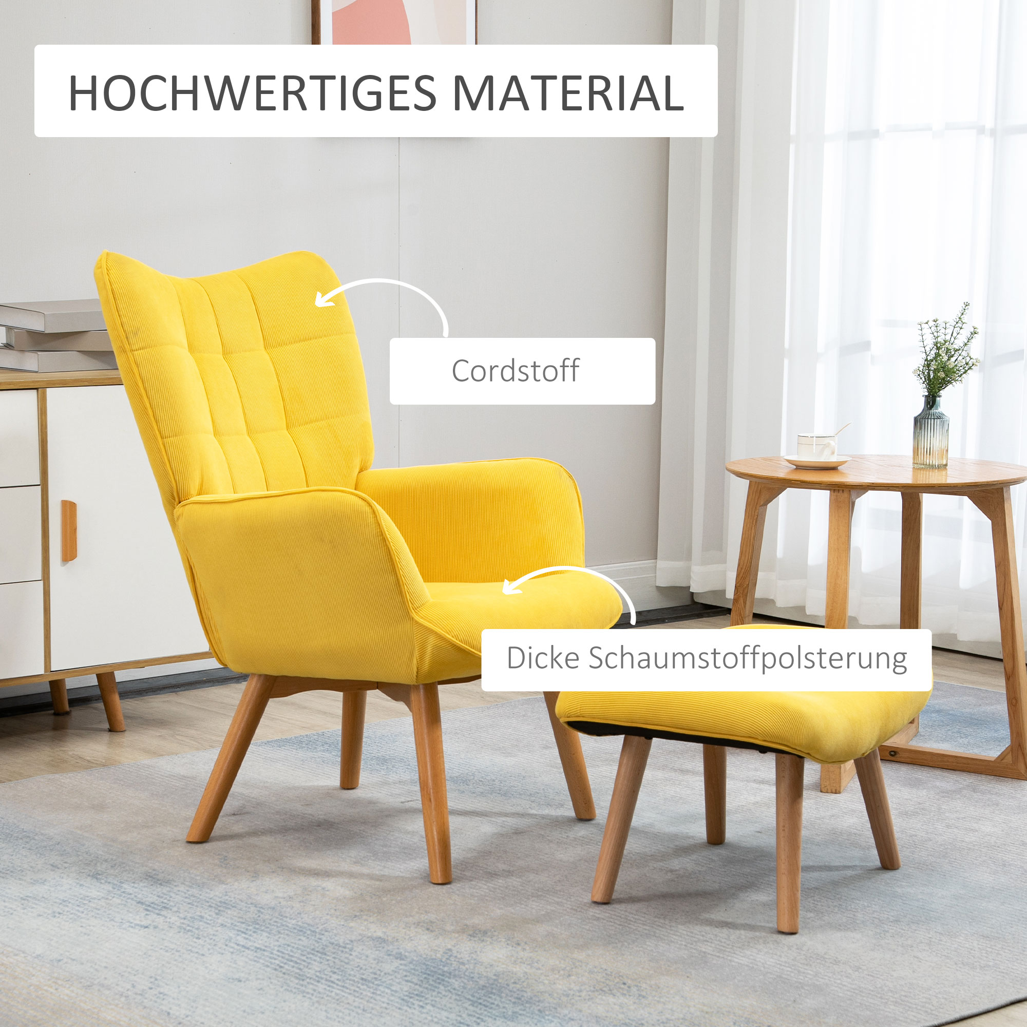 Akzentsessel mit Hocker, Relaxsessel in Cord-Optik, Armlehnstuhl mit Holzbeinen, für Wohnzimmer, Gelb