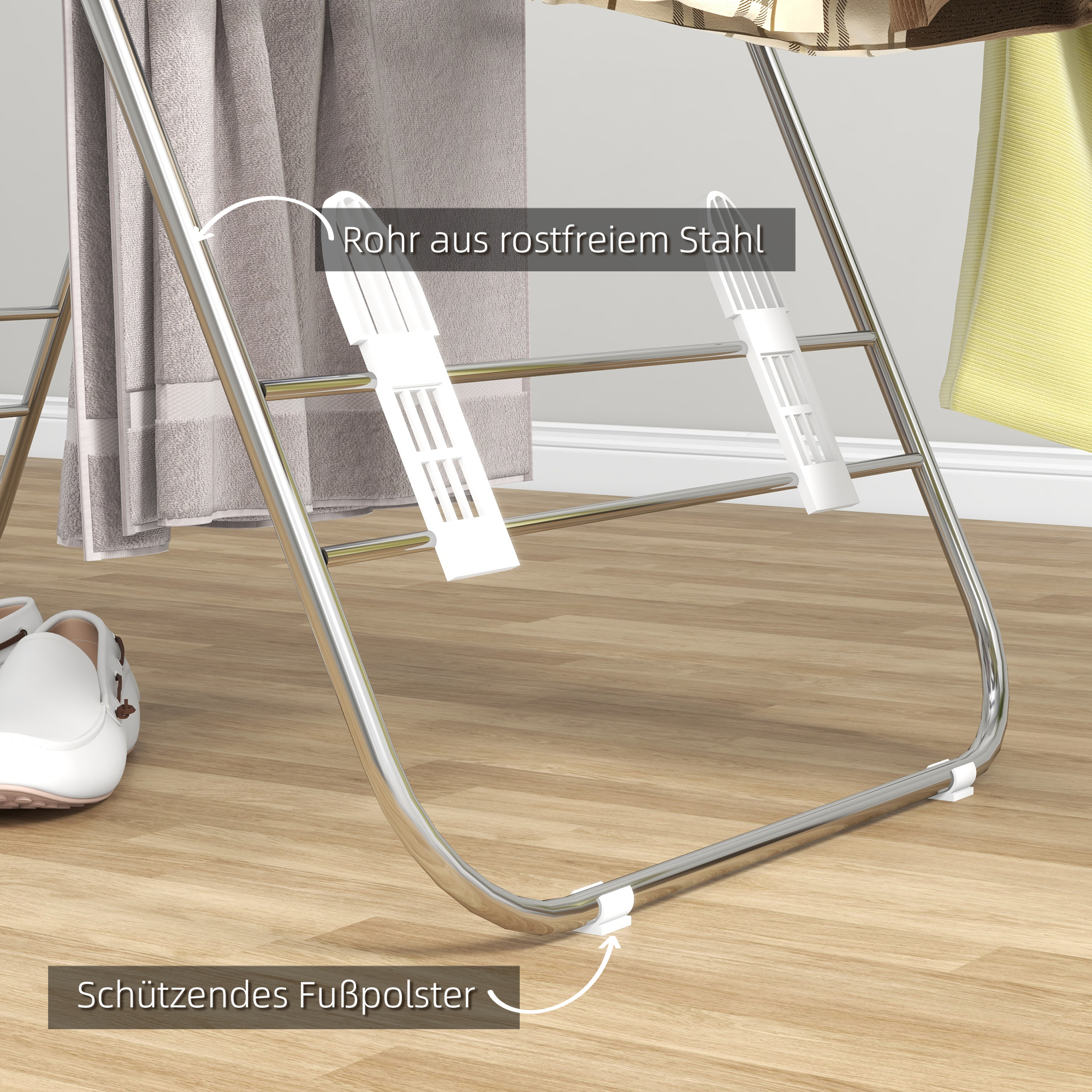 Wäscheständer 1,48 m Trockenlänge tragbar Standtrockner mit Teleskopstangen, Flügelwäscheständer Wäschetrockner für Innen und Außen, Silber+Weiß