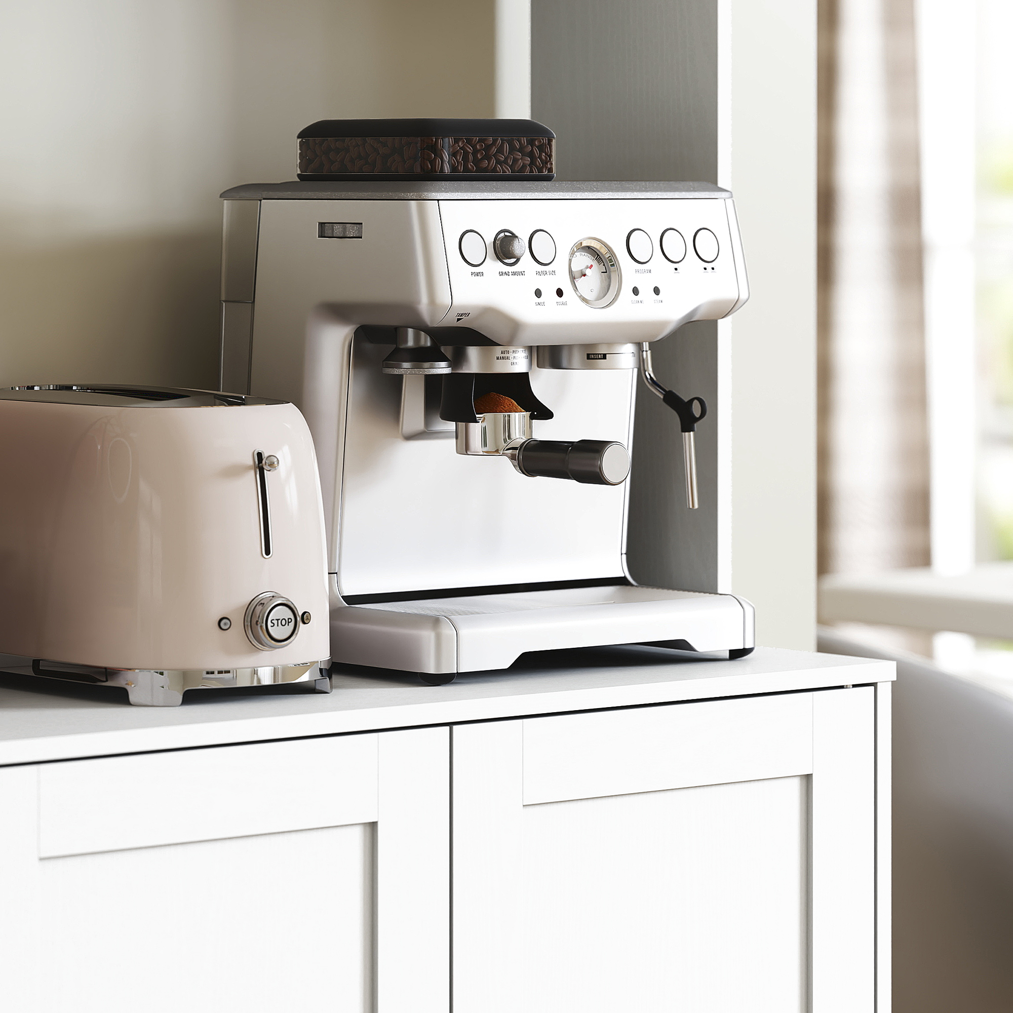 Küchenschrank, Skandinavisches Design, 4 Schränke, verstellbare Regale, Glastüren, offene Fläche, Spanplatte, MDF, Weiß