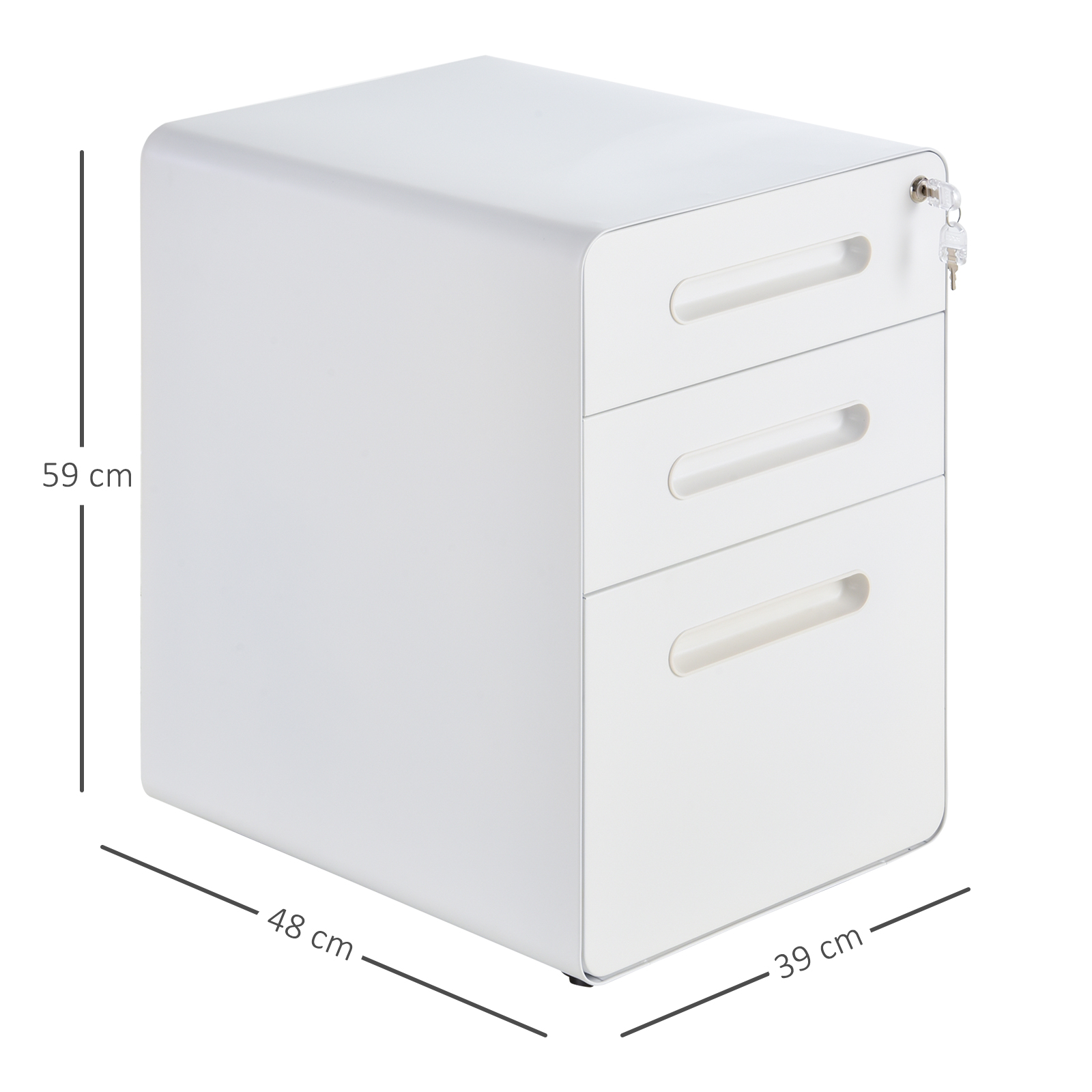 Rollcontainer mit 3 Schubladen mobiler Aktenschrank mit Rollen abschließbar Büroschrank mit Hängeregistratur Stiftfach, Bürocontainer Schreibtisch Unterschrank für Büro 39x48x59cm Weiß