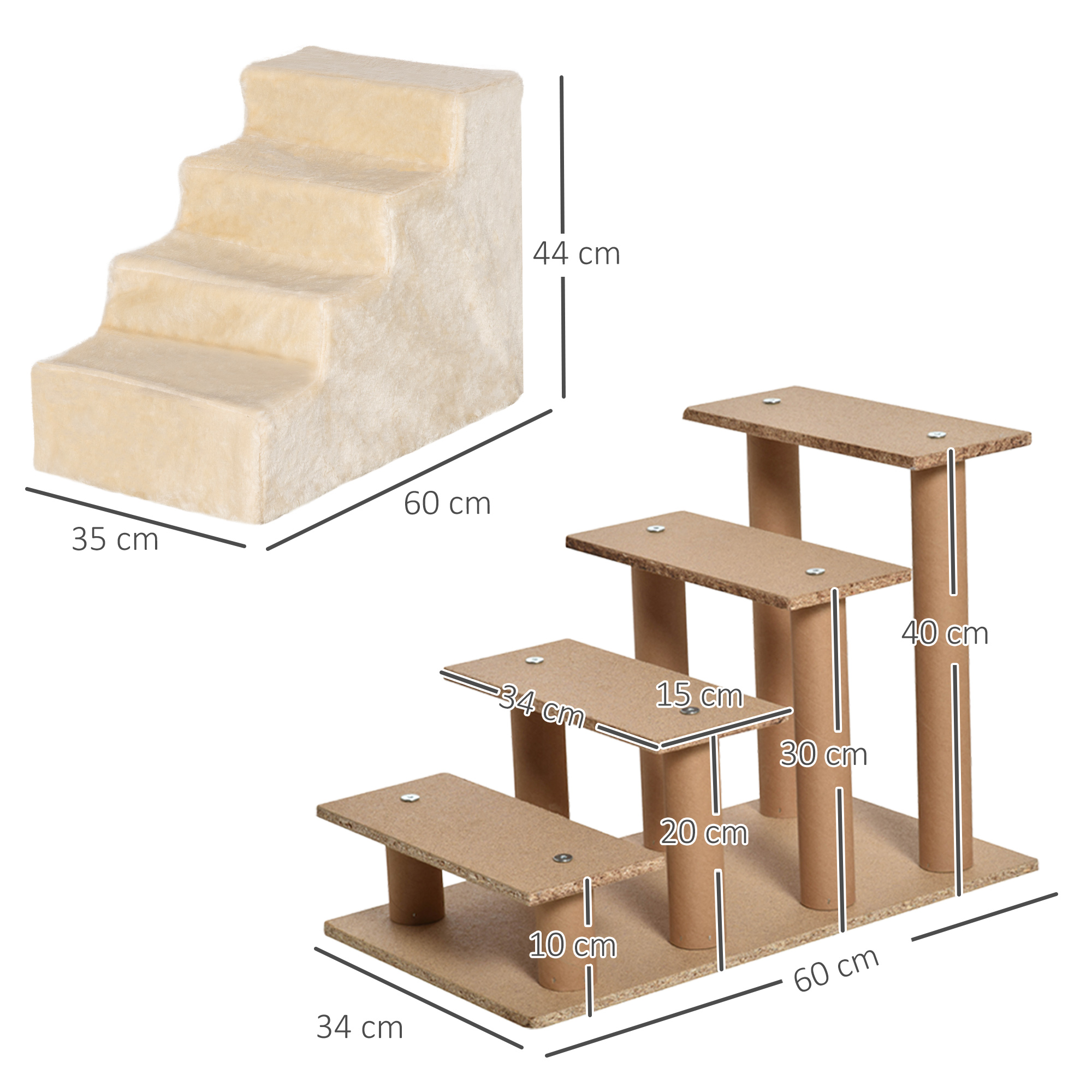Hundetreppe 4-stufig, 35 cm Katzentreppe für Bett und Sofa, Haustiertreppe für Hunde und Katzen bis 5 kg, Plüschoptik, Beige