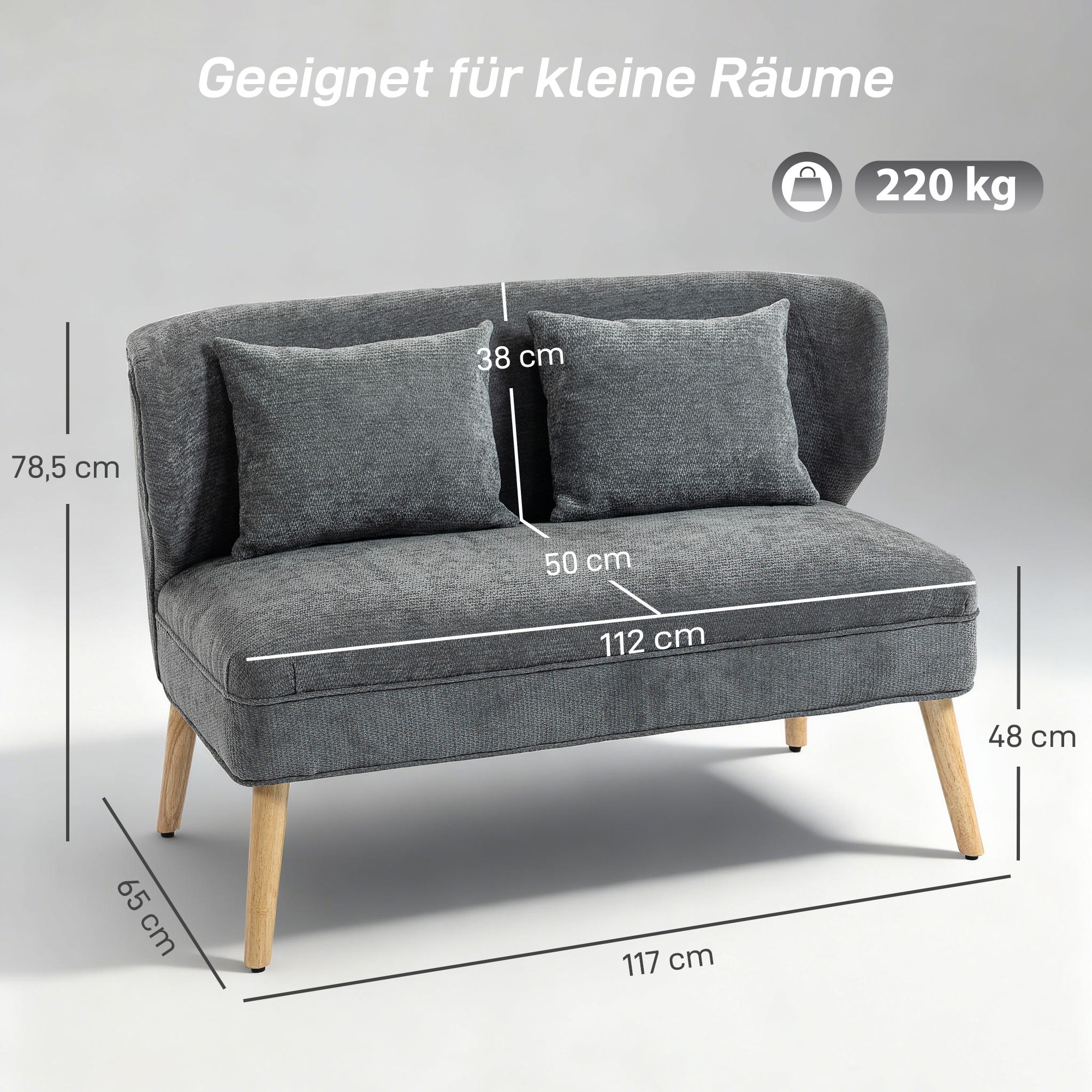 2-Sitzer-Sofa, kleines Chenille-Sofa mit Flügelrücken, dickem Sitz, Gummibaumholzfüßen, Grau