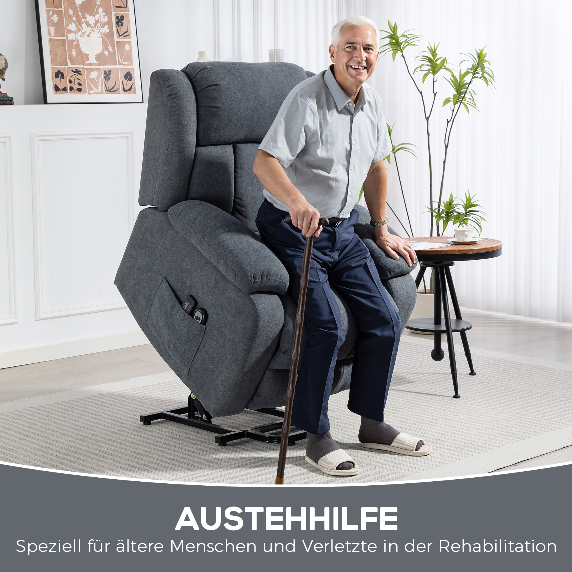 Fernsehsessel mit Aufstehhilfe Elektrisch Relaxsessel mit Liegefunktion, Massagefunktion, 93x91x103 cm, Dunkelgrau