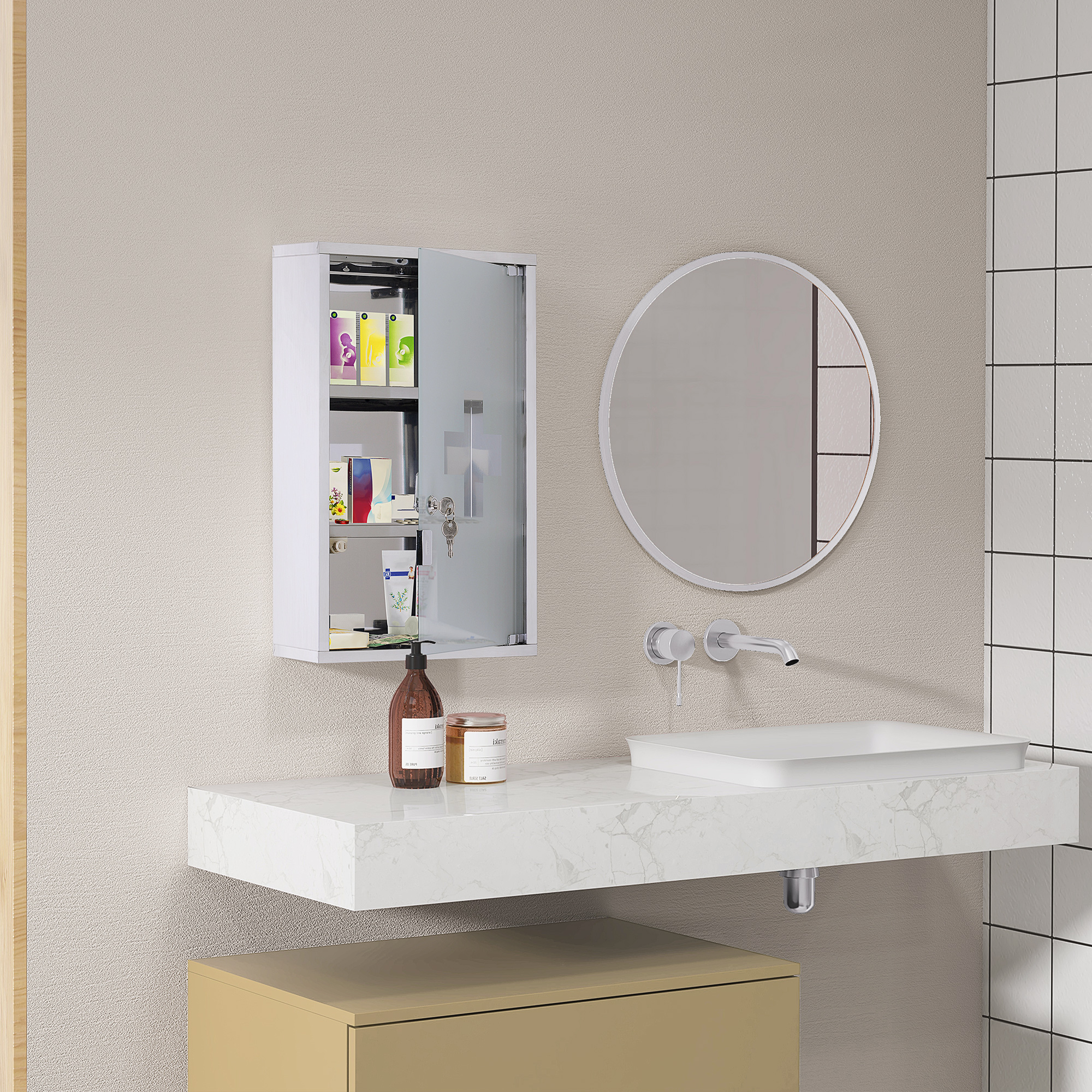 Medizinschrank Arzneischrank aus Edelstahl, Abschließbar Medikamentenschrank mit 3 Fächern, Glastür Apothekerschrank zur Medikamenten-Aufbewahrung, 30 x 18 x 50 cm