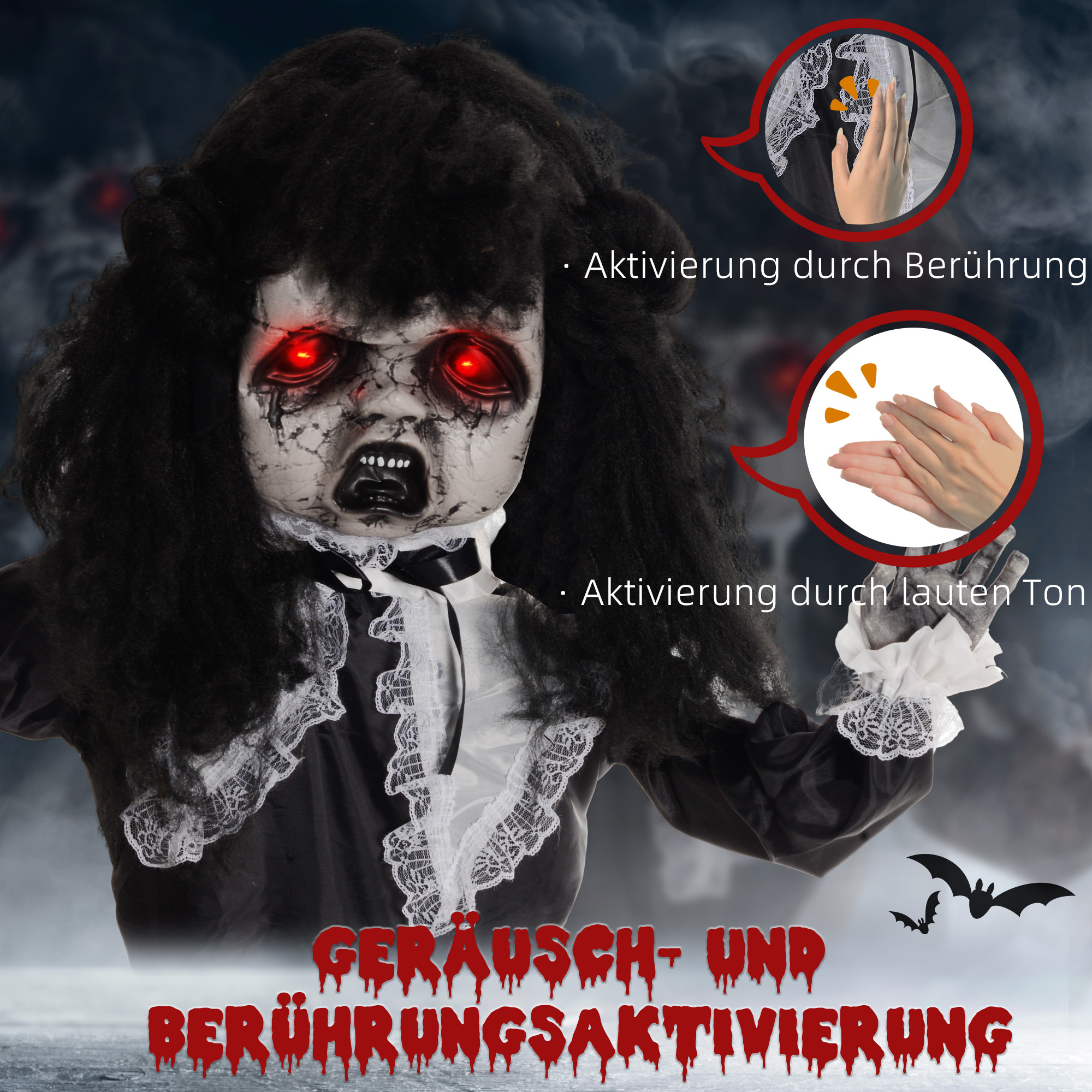 Horrorpuppe, Helloweendeko, gruselige Stimme & Musik, rote Augen, beweglich, 160 cm