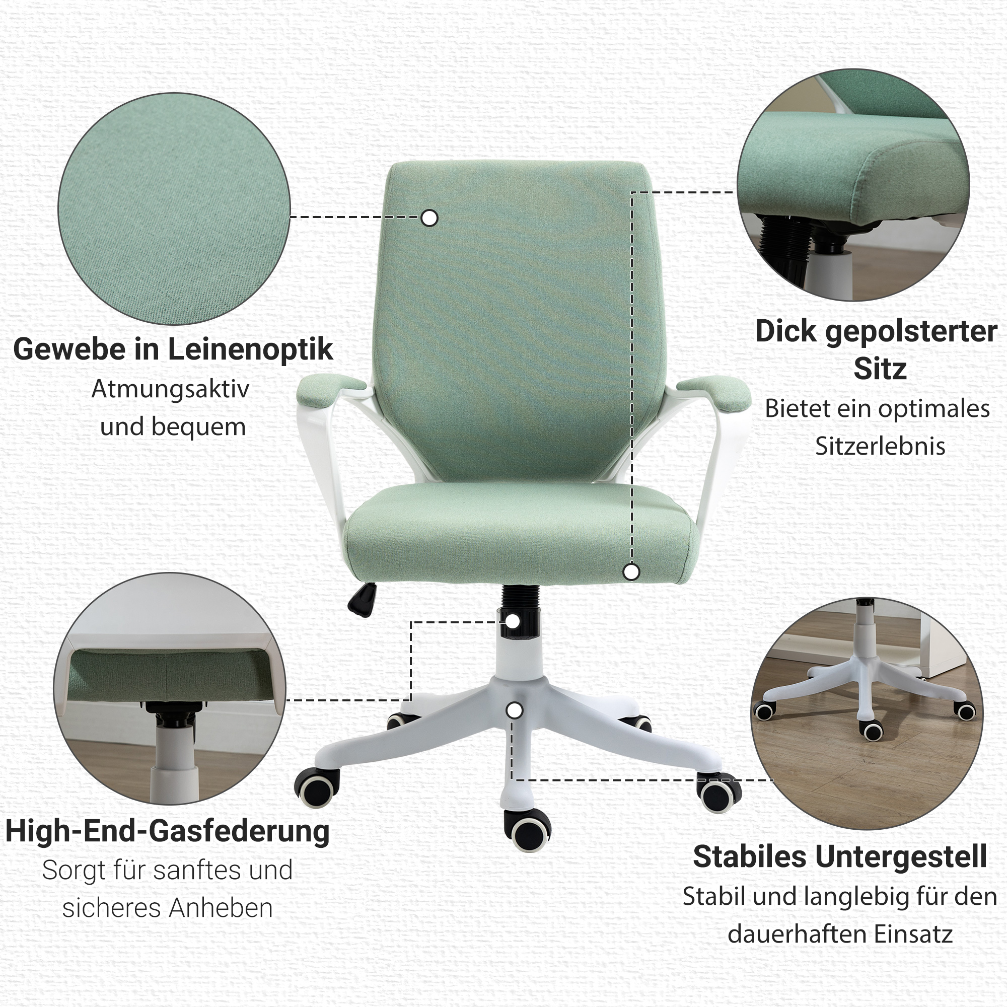 Bürostuhl Schreibtischstuhl Home-Office-Stuhl mit Wippenfunktion Rückenlehne höhenverstellbarer dick gepolstert ergonomisch 360°-Drehräder Polyester Nylon PP Grün+Weiß 62x69x92-100 cm