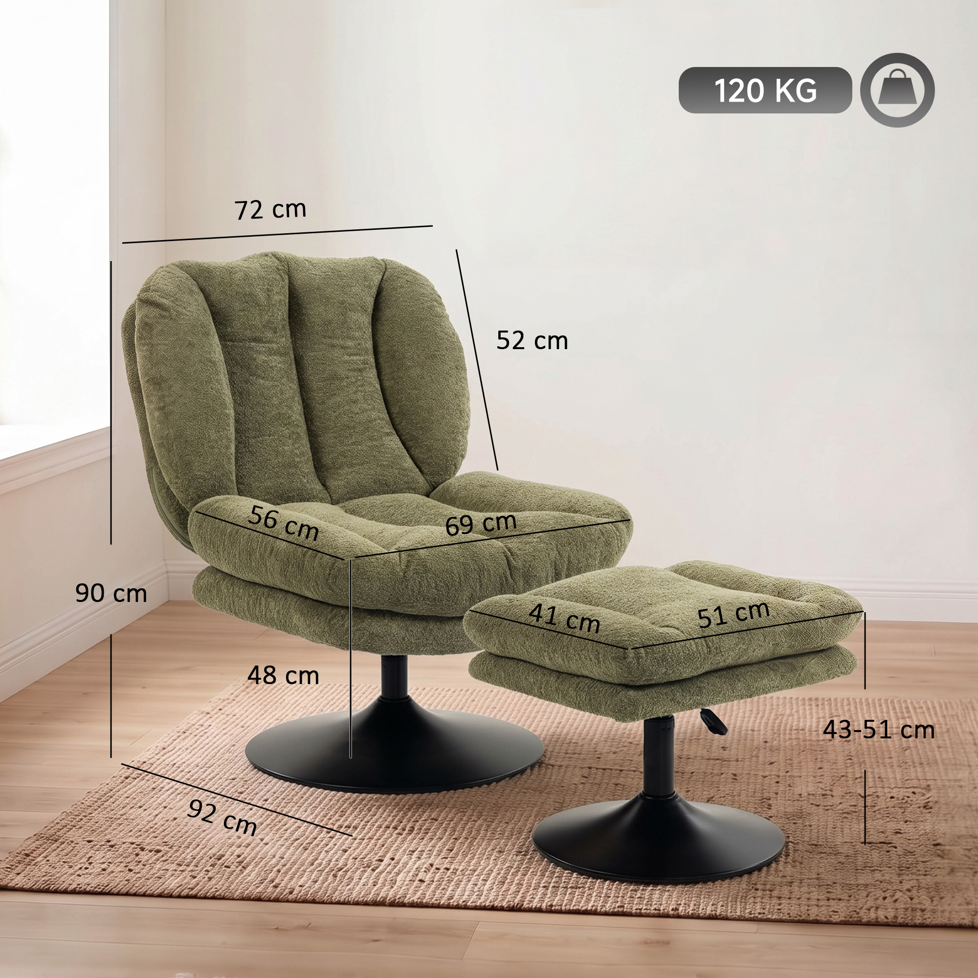 Loungesessel mit Hocker, 360° drehbar, aus Raindrop-Samt, höhenverstellbarer Fußhocker, Grün