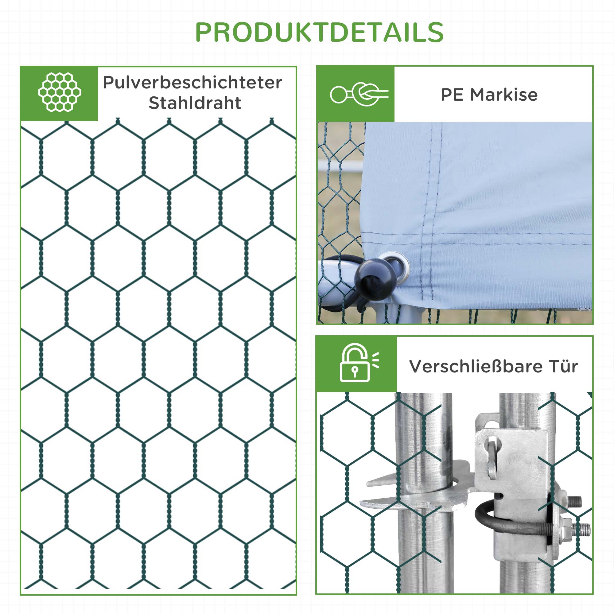 Hühnerstall, Freilaufgehege, Geflügelstall mit Schattendach, Freigehege für 4-6 Hühner, Enten Kaninchen, 3 x 2 x 2 m