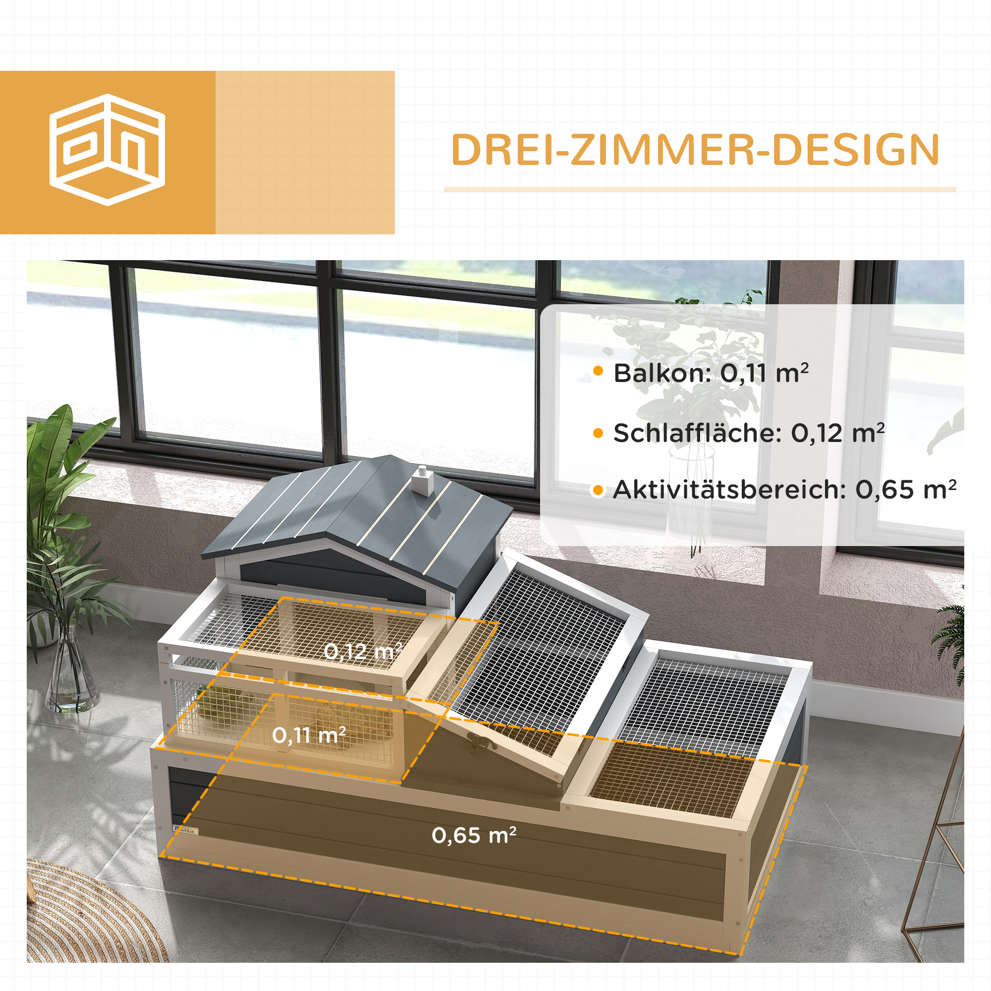 Schuldkrötenhaus, 2 Ebenen, für drinnen und draußen, Balkon, Tannenholz, Grau