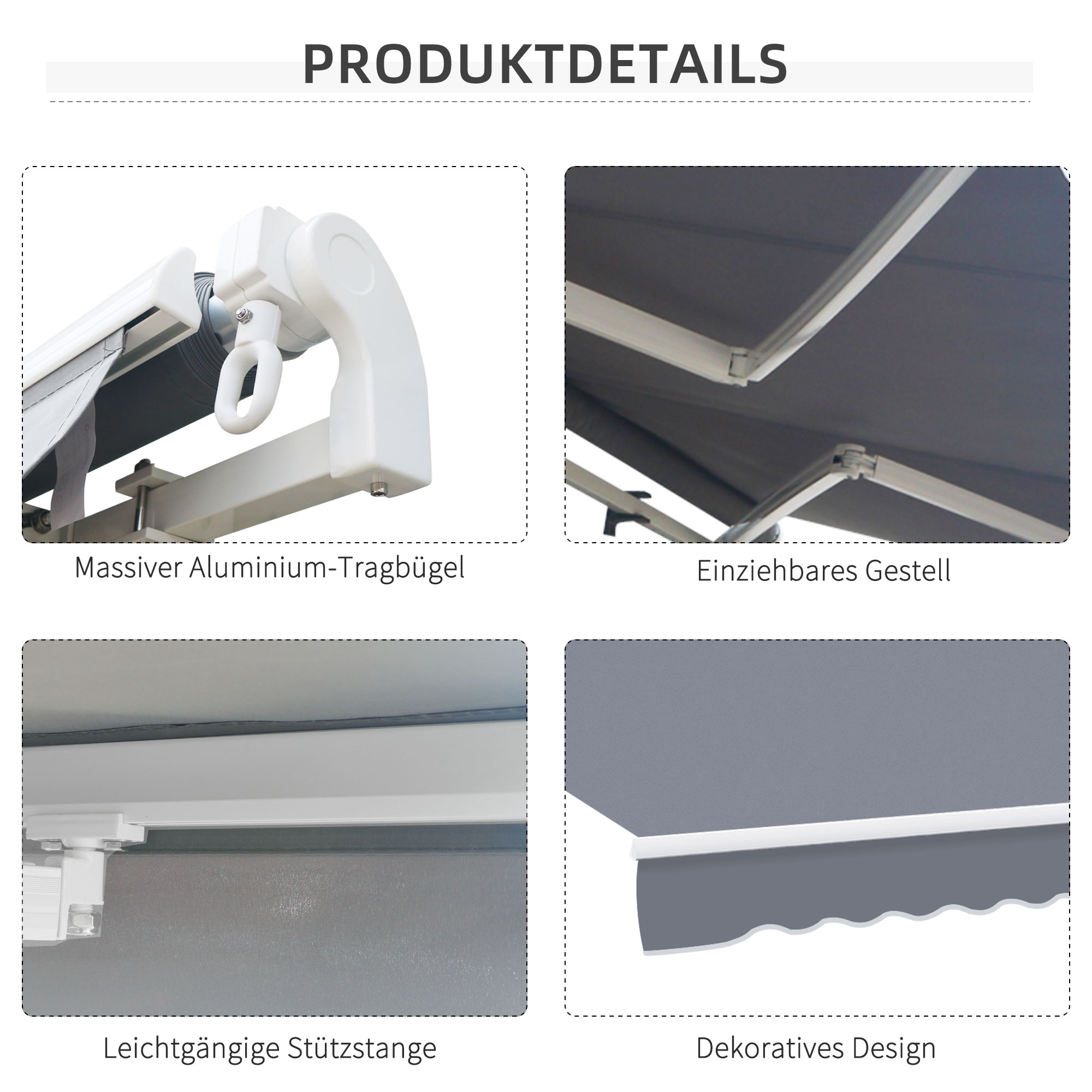 Gelenkarmmarkise Verstellbare Klemmmarkise Terrassenmarkise 3,95 x 3m Sonnenschutz mit Kurbel, Balkonmarkise, Grau