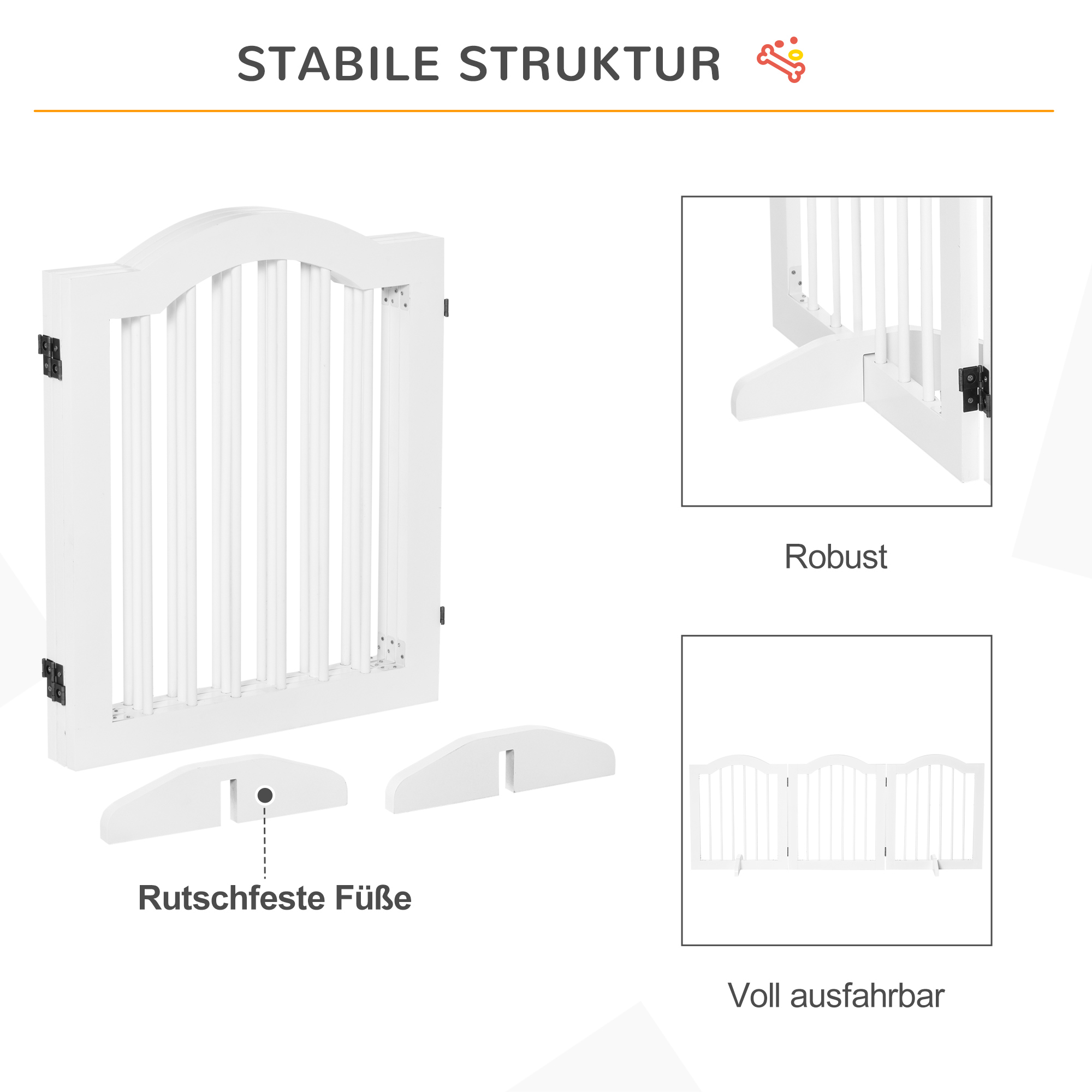 Absperrgitter Hund 3-teilig, 154,5 x 61 cm Faltbar Hundegitter mit Tür, Türschutzgitter mit 2 Stützfüßen, Freistehend Treppengitter für Küche, Flur, Weiß