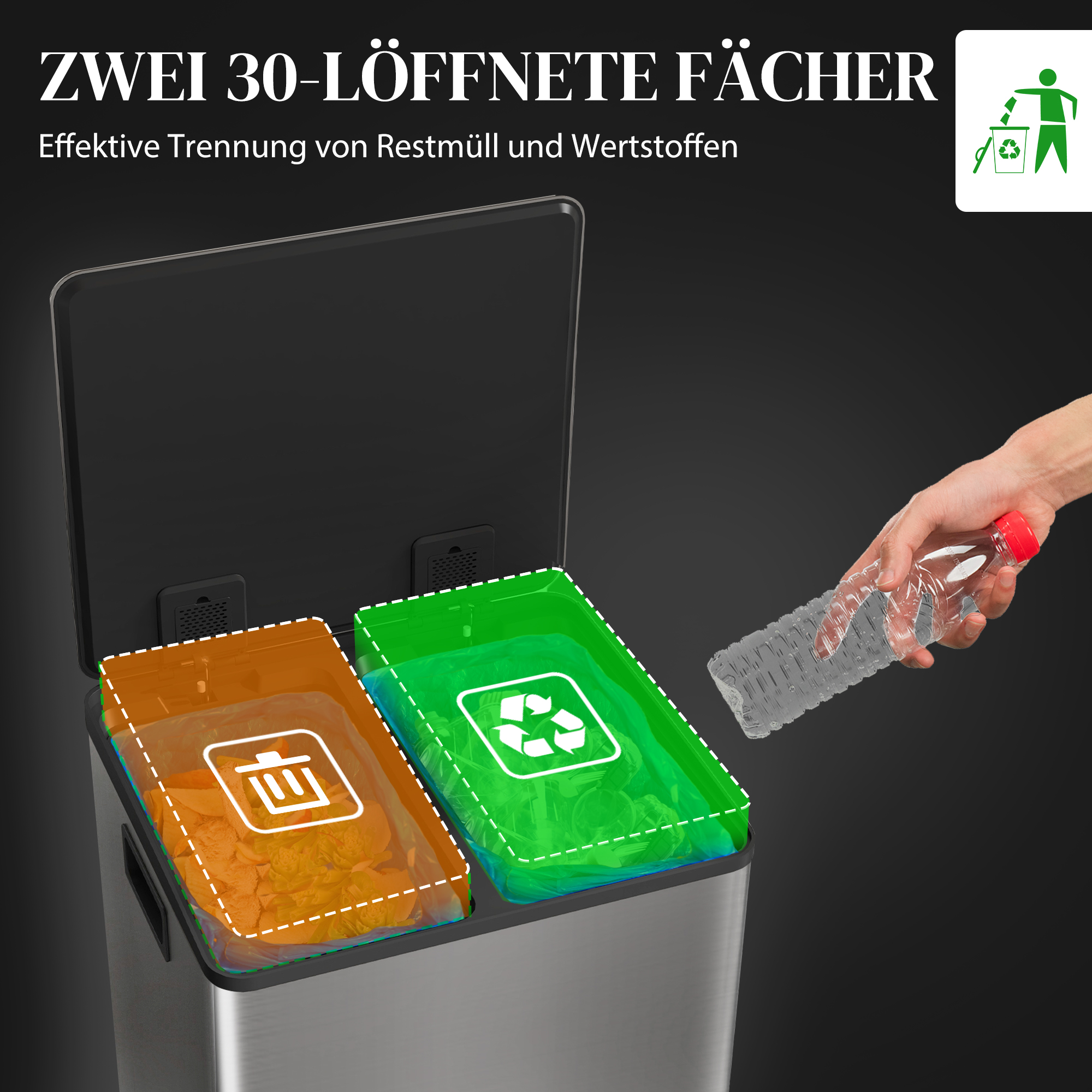 Mülleimer mit 2x30L Fächern, Soft-Close-Deckel, Fingerabdrucksicher, Edelstahl, Silber