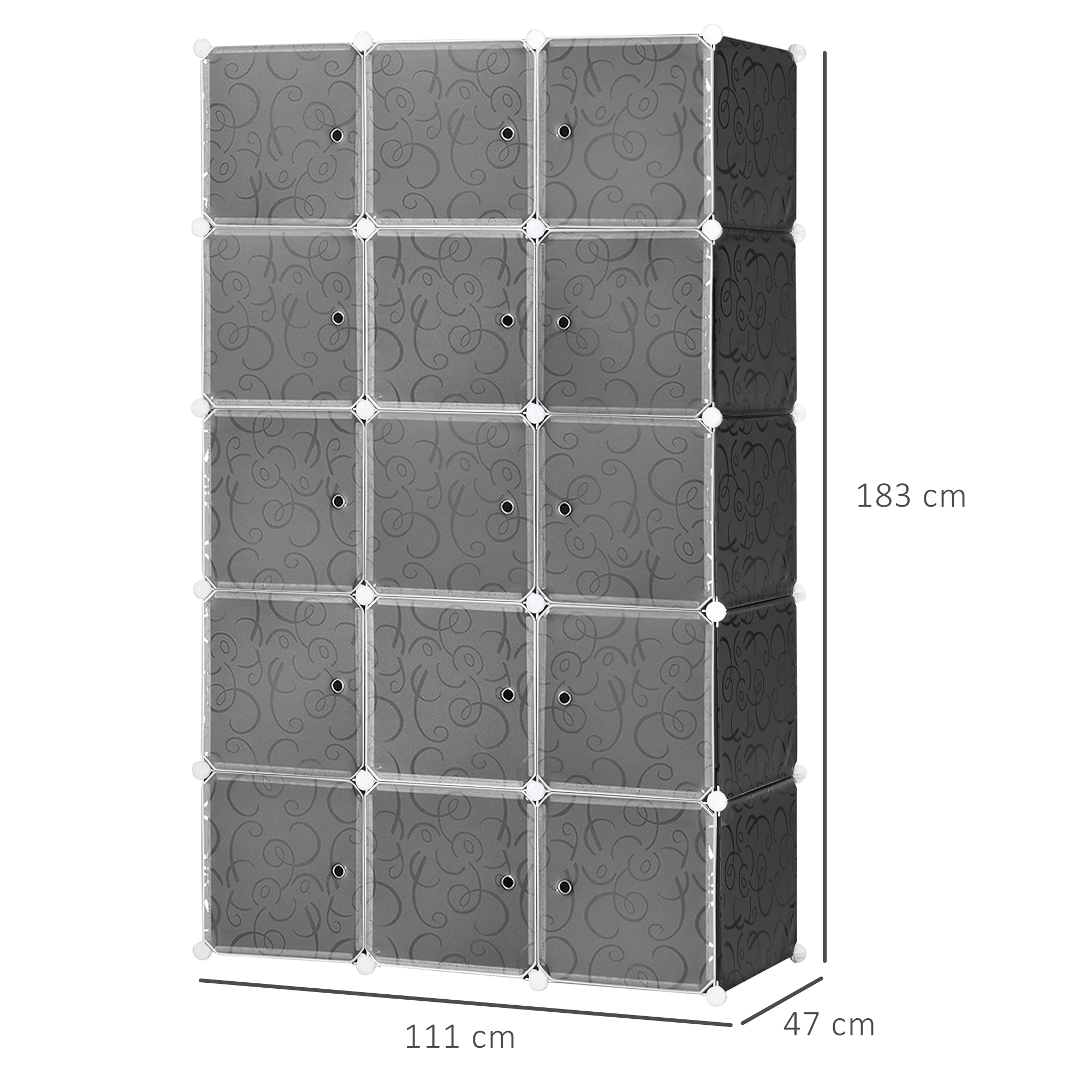 Kleiderschrank im Würfeldesign, 2 große und 9 kleine Würfel, Kunststoff, Metall, 111L x 47B x 183H cm, Schwarz+Weiß