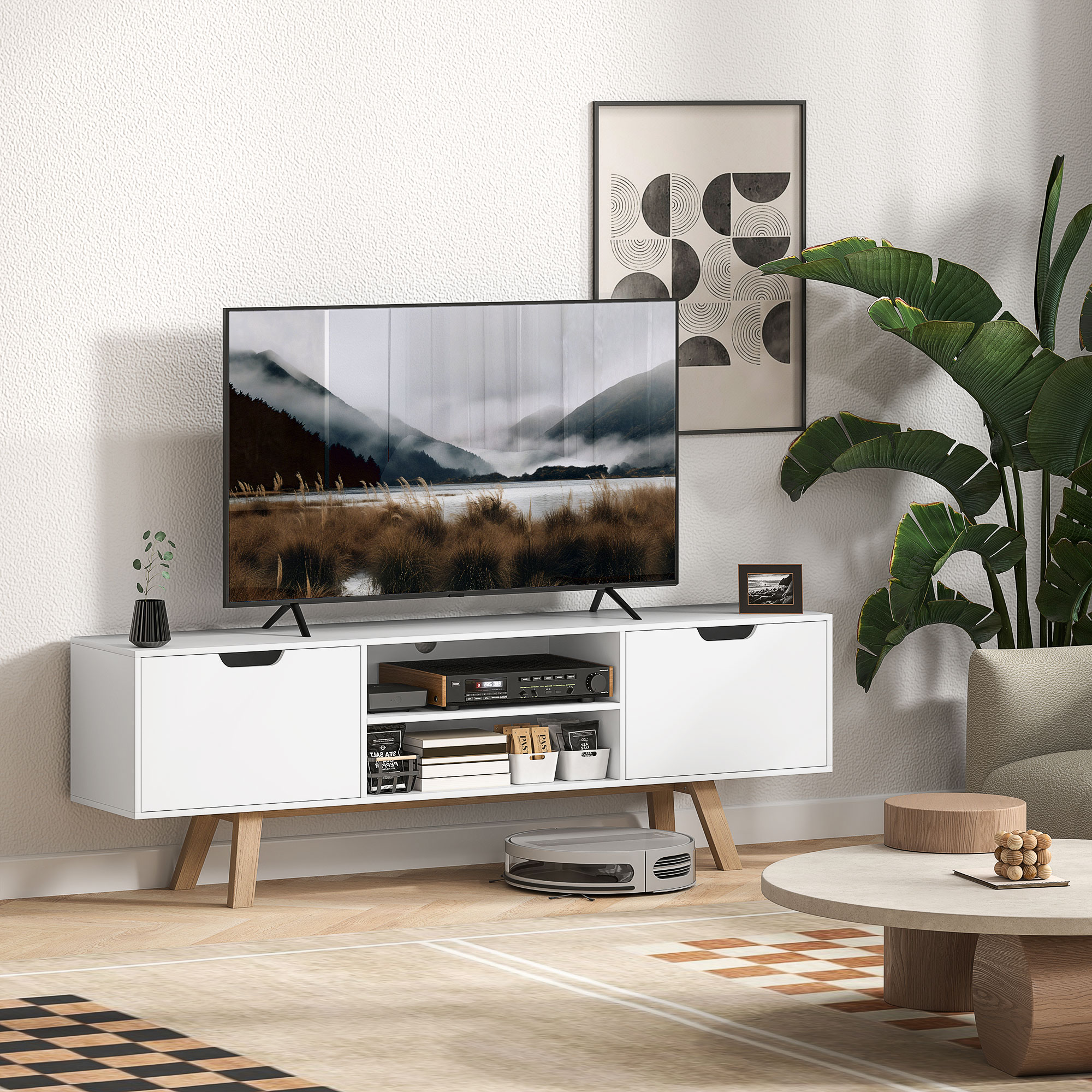 TV-Kommode mit Schubladen und offenen Regalen, MDF, 150 x 39 x 50 cm, Weiß