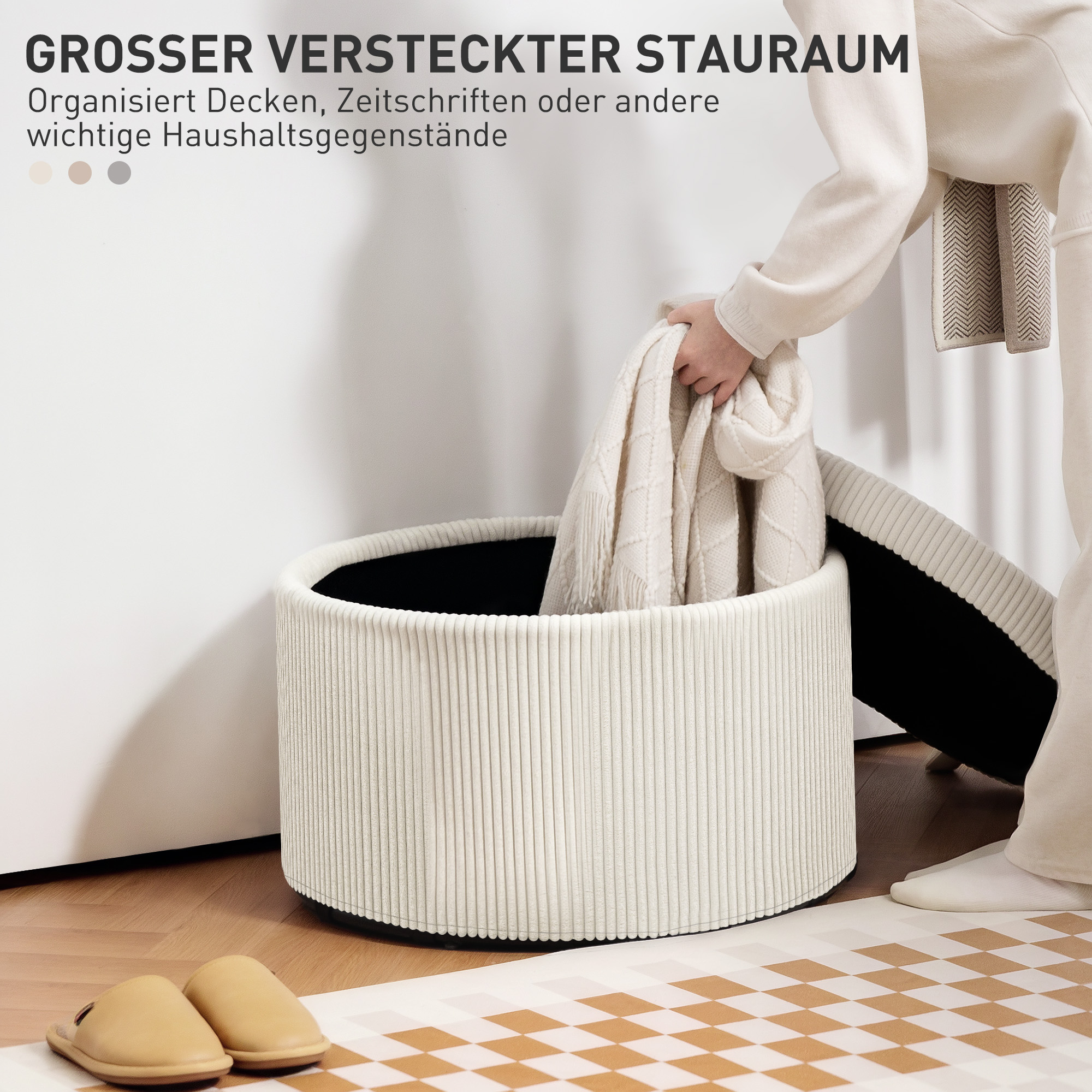 Fußhocker mit 97 L Stauraum, Cordstoff, Schaumstoff, Sitzhocker, Beige