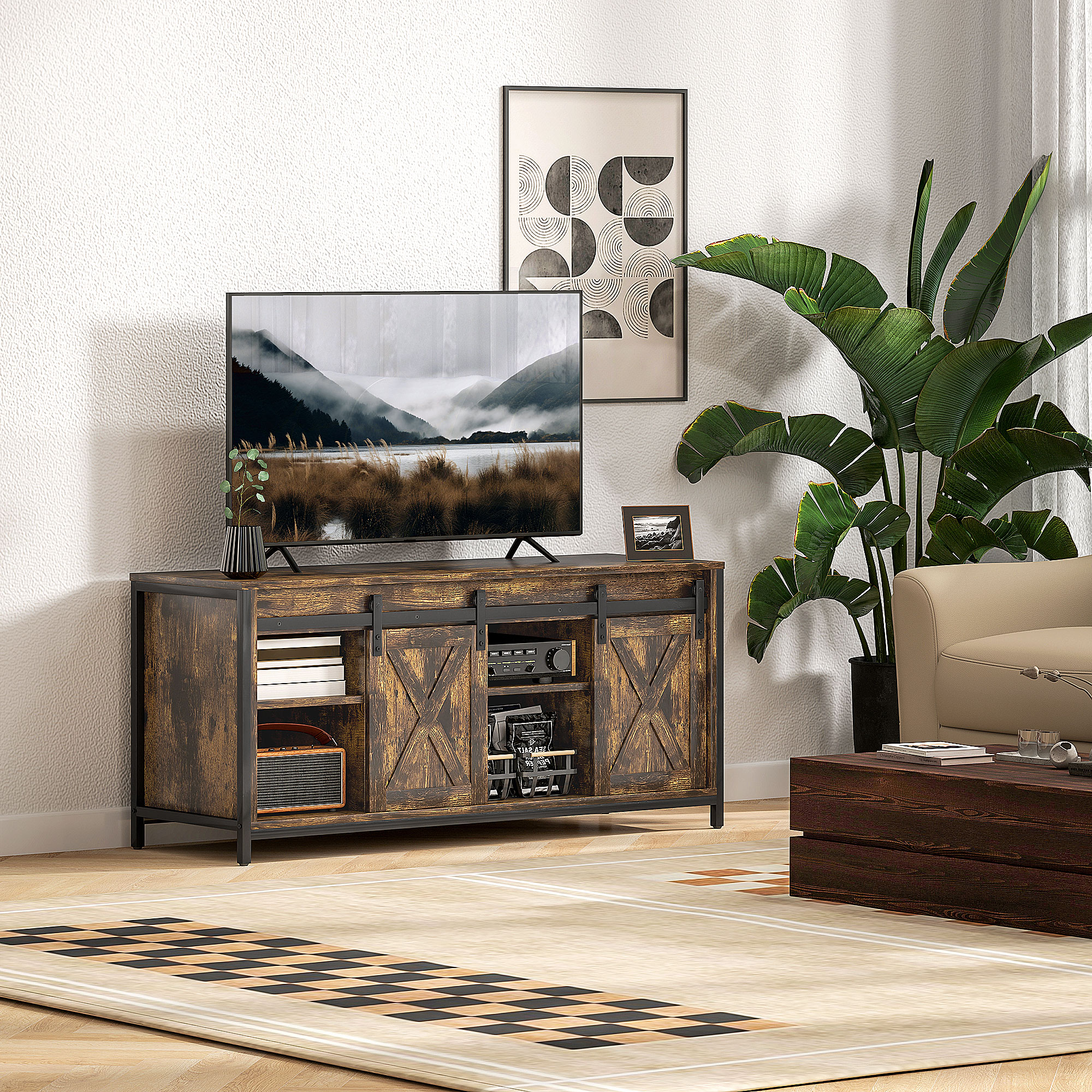 TV Lowboard, Industrial Design, für 60'' TVs, 6 Fächer, 2 Schiebetüren, Braun/Schwarz