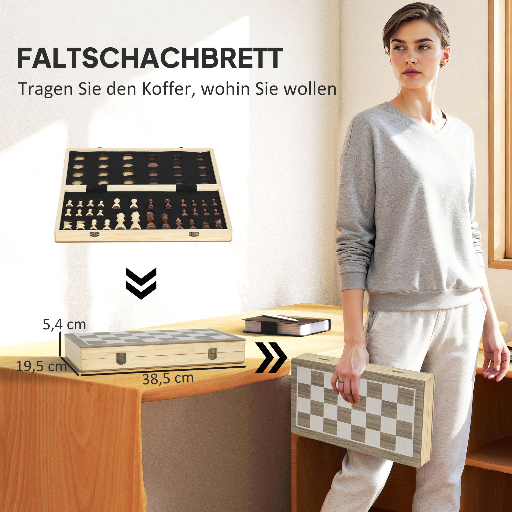 faltbares Spiele-Set, Schach und Dame, kompakter Koffer, Walnuss, Zubehör