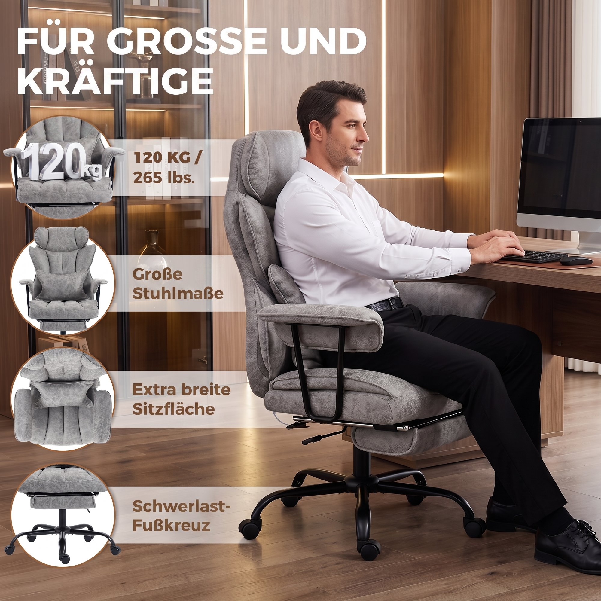 Bürostuhl mit 6-Punkt-Massage und Wärme, Schreibtischstuhl mit Fußstütze, Lendenstütze und breiter Sitzfläche, Grau