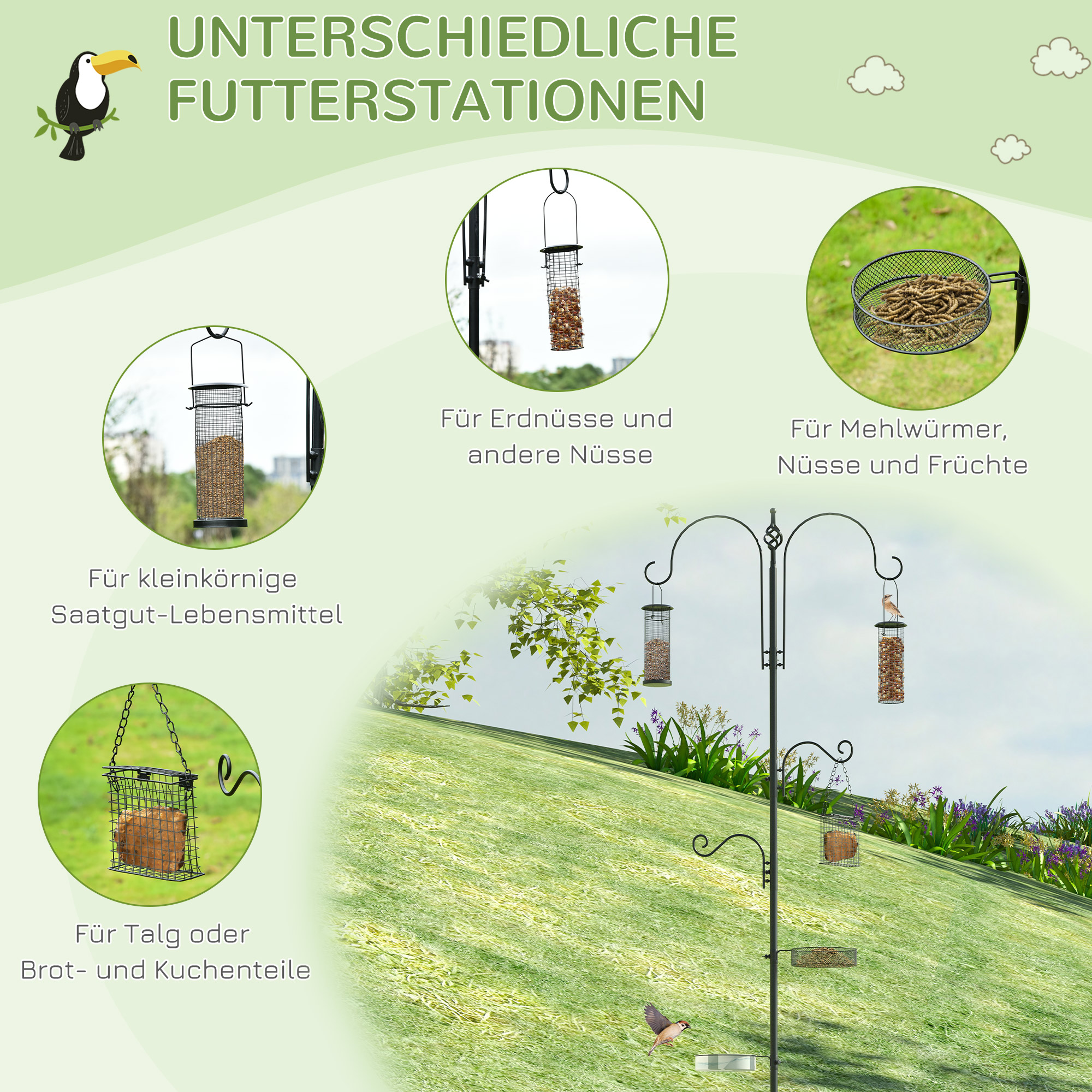 Vogel Futterstation 208 cm Vogelfutterstation mit 4 Haken, Erdspieß, Wasser- & Futterschale, Futtersäule Freistehend Vogelfutterspender für Garten Wildvögel Stahl Schwarz
