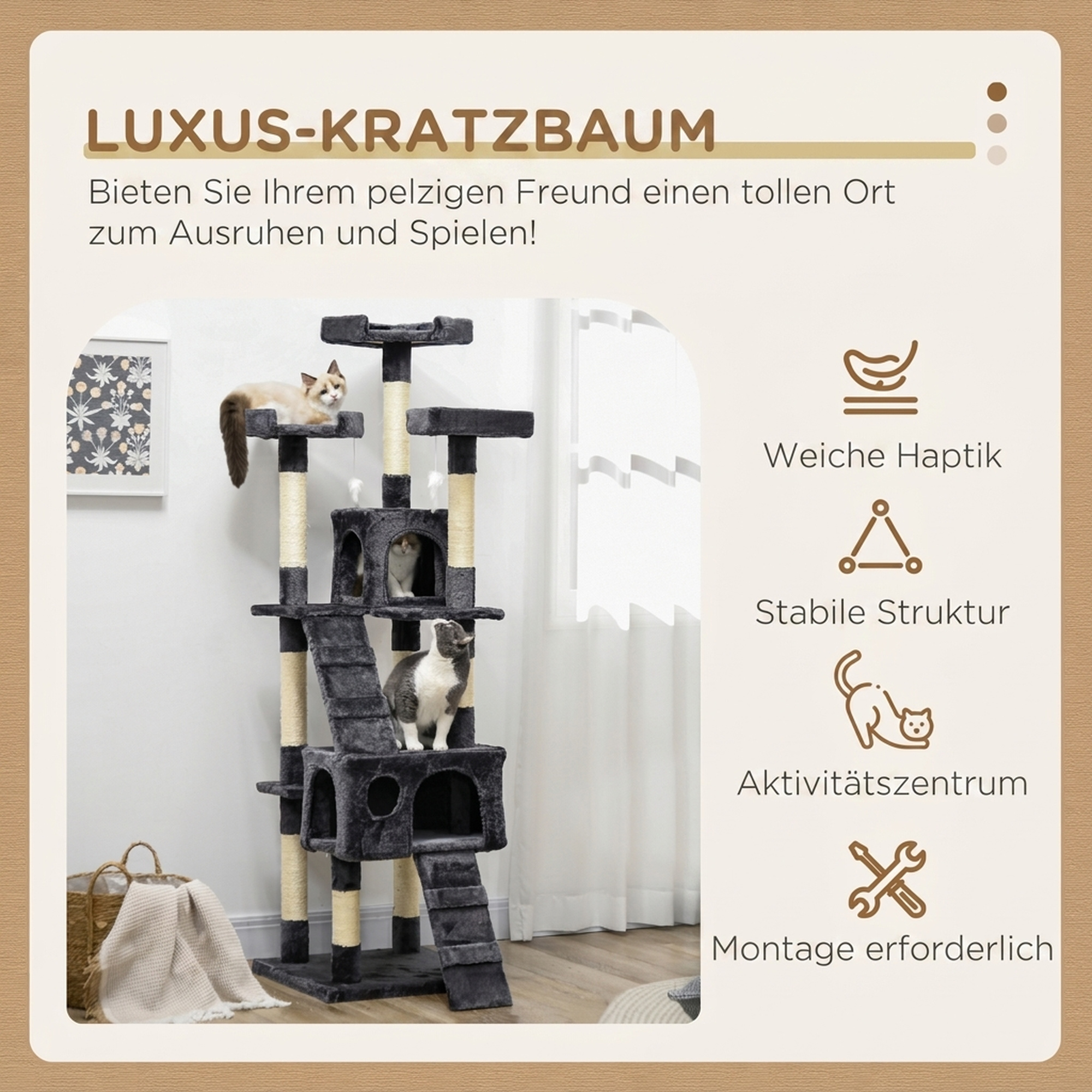 Kratzbaum 173 cm Katzenturm mit Höhle, Sisalstämme, große Plattform, mehrstöckig Dunkelgrau