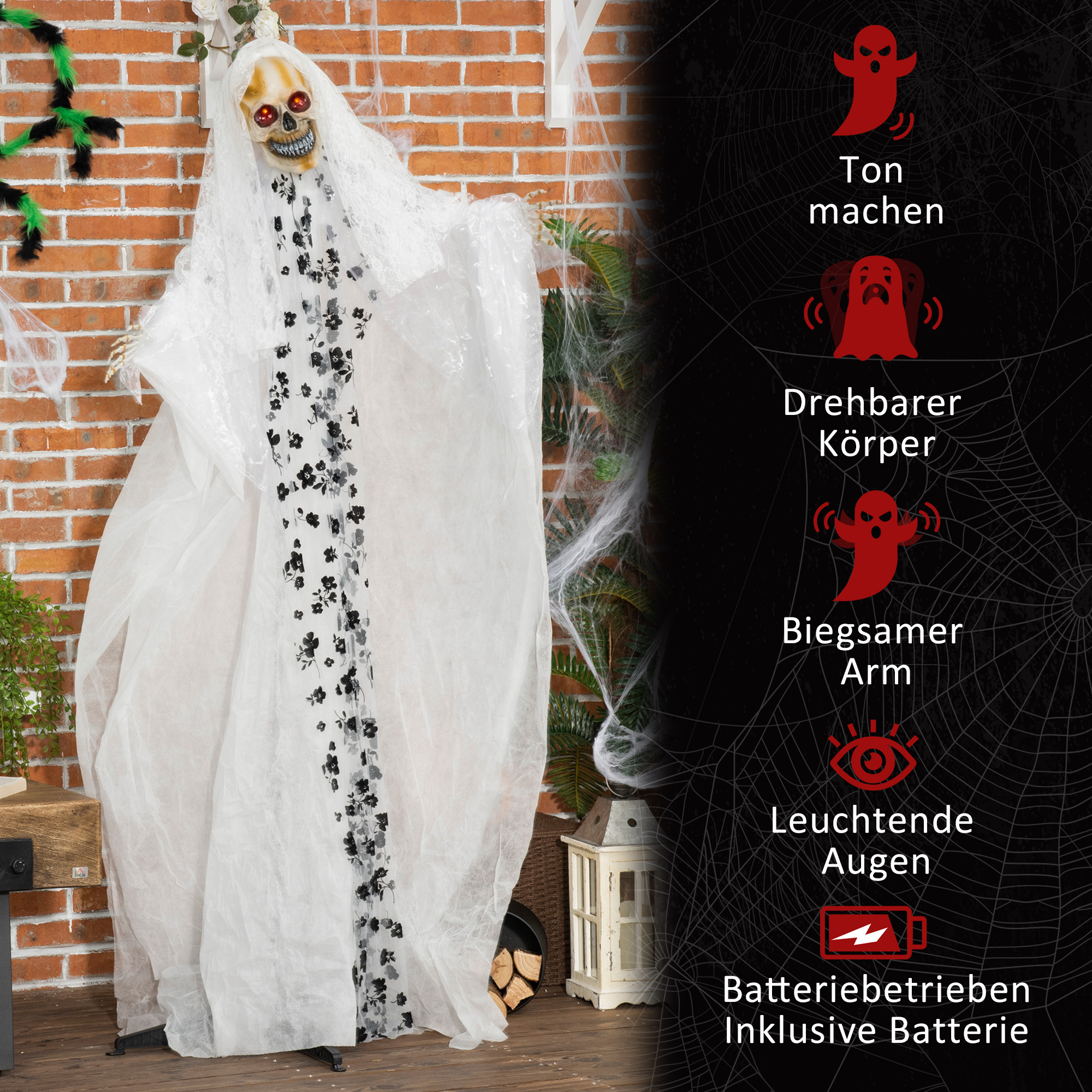 Halloween-Dekoration Geisterbraut, Schreie & Augenleuchten, bewegungsaktiviert, 170cm groß, Indoor