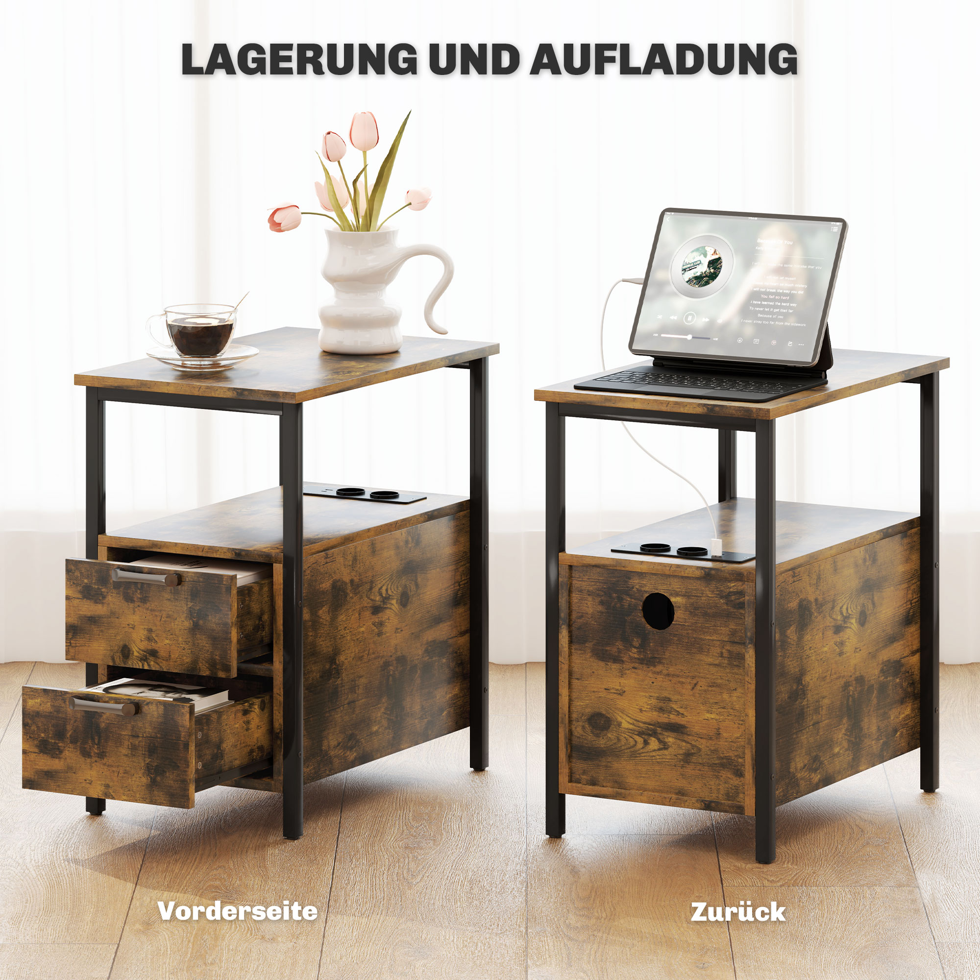Beistelltisch mit Aufladestation, USB-Anschlüssen, Steckdosen, 2 Schubladen und Regal für Wohnzimmer, Schlafzimmer