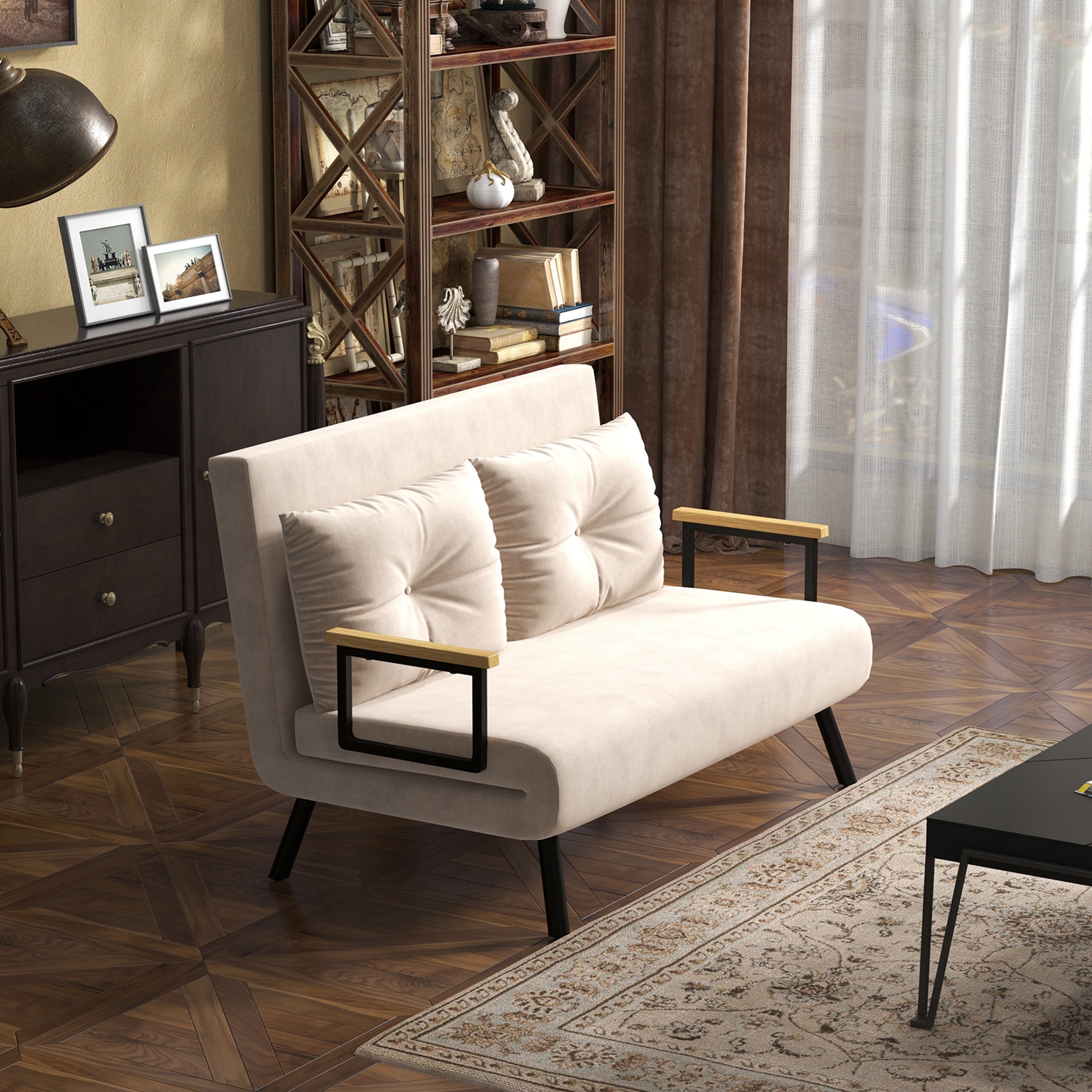 Schlafsofa 2er-Sofa Samtsofa, Schlaffunktion, inkl. 2 Kissen, Samtoptik, Natur + Beige + Schwarz