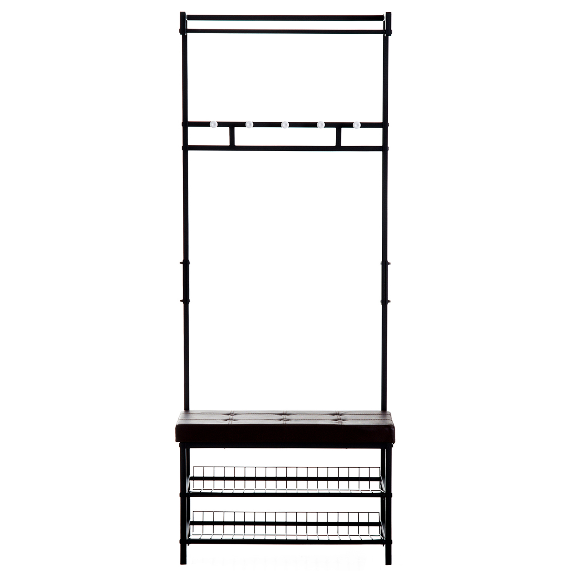 Garderobenständer Kleiderständer mit 5 Haken und Schuhbank mit 2 Ebenen Garderobe aus Metall für Flur, Schlafzimmer, 72,5 x35 x 180cm