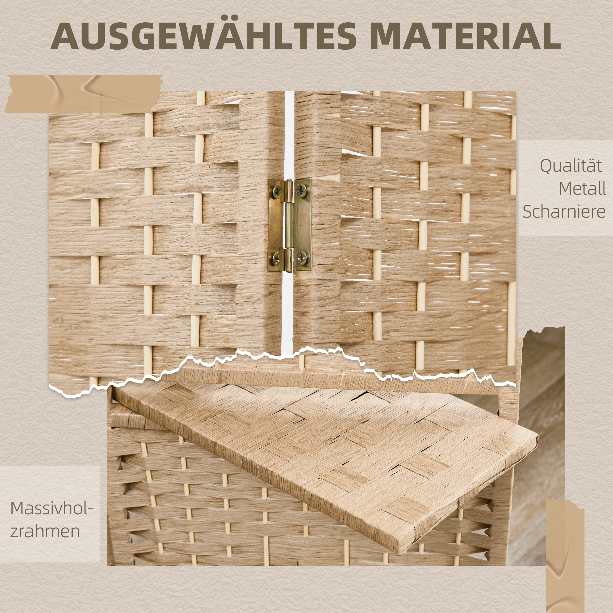 4-teiliger Paravent, 160 x 170 cm, faltbare Trennwand mit 2 Regalen, Naturholz